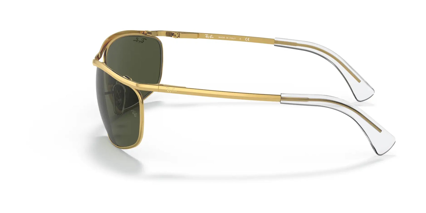 Side view of the innovative Ray-Ban OLYMPIAN RB3119 Sunglasses in Size 62, featuring gold frames, dark green lenses, and clear arm ends on a white background. Side view of the innovative Ray-Ban OLYMPIAN RB3119 Sunglasses in Size 62, featuring gold frames, dark green lenses, and clear arm ends on a white background.