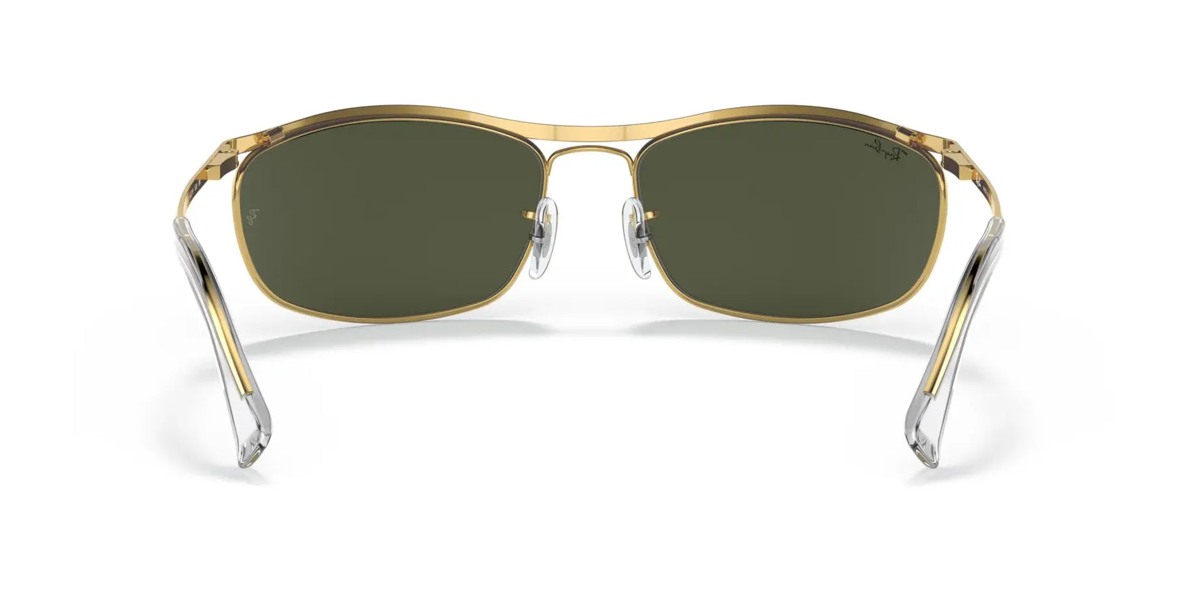 Front view of Ray-Ban OLYMPIAN RB3119 Sunglasses | Size 62 from Ray-Ban, featuring gold-framed, innovative sunglasses with dark green lenses and clear tips on the temples. Front view of Ray-Ban OLYMPIAN RB3119 Sunglasses | Size 62 from Ray-Ban, featuring gold-framed, innovative sunglasses with dark green lenses and clear tips on the temples.
