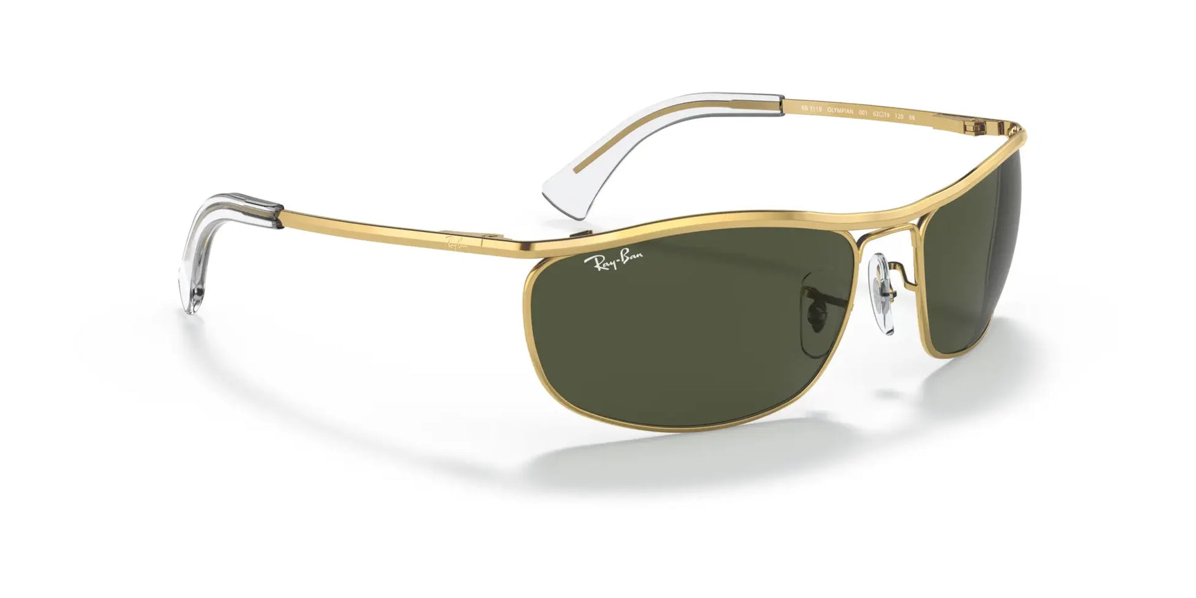 The Ray-Ban OLYMPIAN RB3119 Sunglasses | Size 62 by Ray-Ban feature gold-rimmed frames with green lenses and white earpieces, crafted from high-quality materials, all set against a white background. The Ray-Ban OLYMPIAN RB3119 Sunglasses | Size 62 by Ray-Ban feature gold-rimmed frames with green lenses and white earpieces, crafted from high-quality materials, all set against a white background.