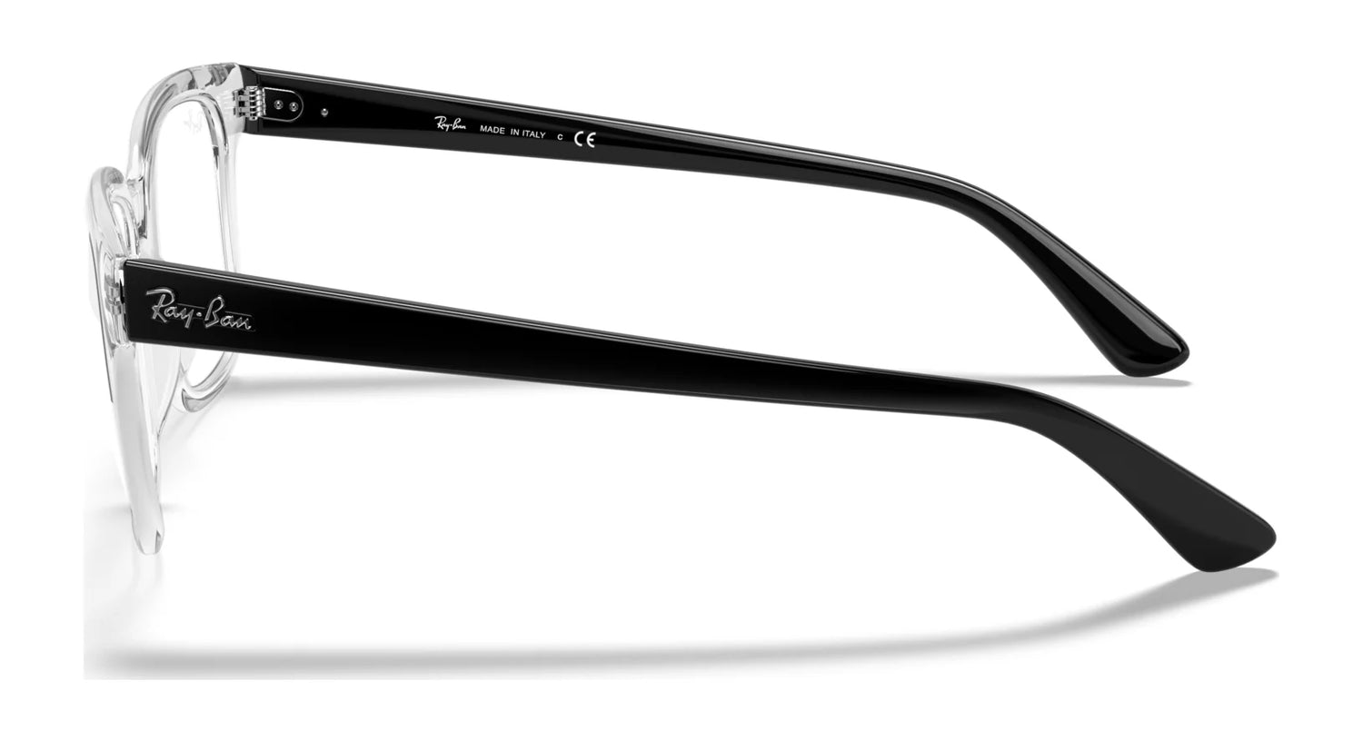 Side view of Ray-Ban RX4323V eyeglasses in black, showcasing square frames with clear lenses and the iconic logo on the temples, making them perfectly ready for prescription lenses. Side view of Ray-Ban RX4323V eyeglasses in black, showcasing square frames with clear lenses and the iconic logo on the temples, making them perfectly ready for prescription lenses.