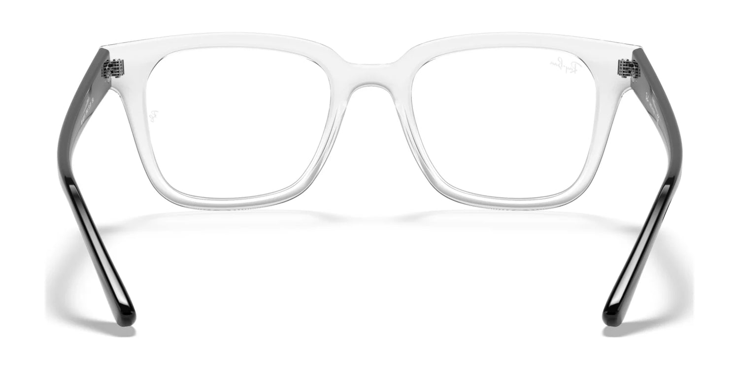 The Ray-Ban RX4323V Eyeglasses in size 51 present a sleek design with square frames, clear rectangular lenses, and black temple arms when viewed from the front, making them ready for prescription use. The Ray-Ban RX4323V Eyeglasses in size 51 present a sleek design with square frames, clear rectangular lenses, and black temple arms when viewed from the front, making them ready for prescription use.