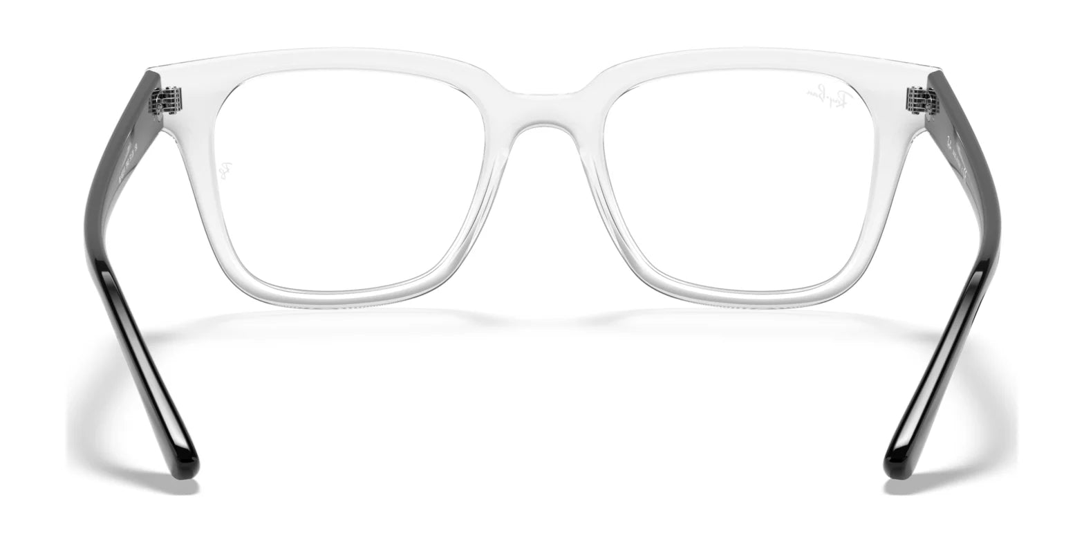 The Ray-Ban RX4323V Eyeglasses in size 51 present a sleek design with square frames, clear rectangular lenses, and black temple arms when viewed from the front, making them ready for prescription use. The Ray-Ban RX4323V Eyeglasses in size 51 present a sleek design with square frames, clear rectangular lenses, and black temple arms when viewed from the front, making them ready for prescription use.
