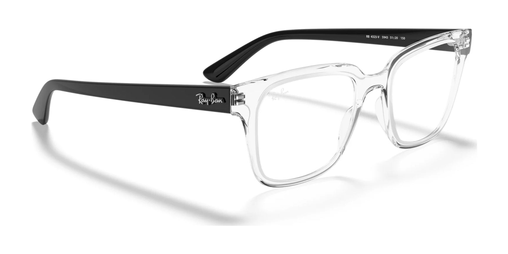 These stylish square eyeglasses in clear and black, ready for prescription lenses, feature a subtle Ray-Ban RX4323V logo on the side. These stylish square eyeglasses in clear and black, ready for prescription lenses, feature a subtle Ray-Ban RX4323V logo on the side.