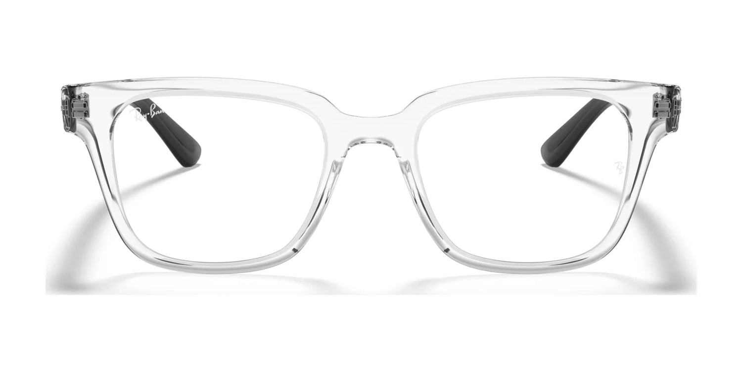 The Ray-Ban RX4323V Eyeglasses in Size 51 feature clear square frames with prescription-ready lenses and sleek black temple tips, showcased head-on against a white background to highlight their modern twist on a classic style. The Ray-Ban RX4323V Eyeglasses in Size 51 feature clear square frames with prescription-ready lenses and sleek black temple tips, showcased head-on against a white background to highlight their modern twist on a classic style.