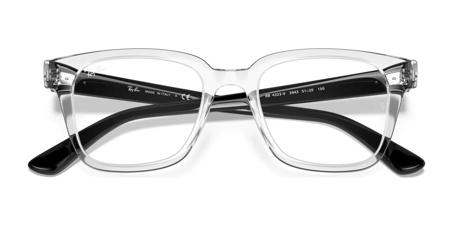 The Ray-Ban RX4323V Eyeglasses, available in Size 51, showcase square frames with clear lenses and stylish black temples. Ideal for a fashionable look, these prescription-ready glasses are displayed from the front on a white background. The Ray-Ban RX4323V Eyeglasses, available in Size 51, showcase square frames with clear lenses and stylish black temples. Ideal for a fashionable look, these prescription-ready glasses are displayed from the front on a white background.