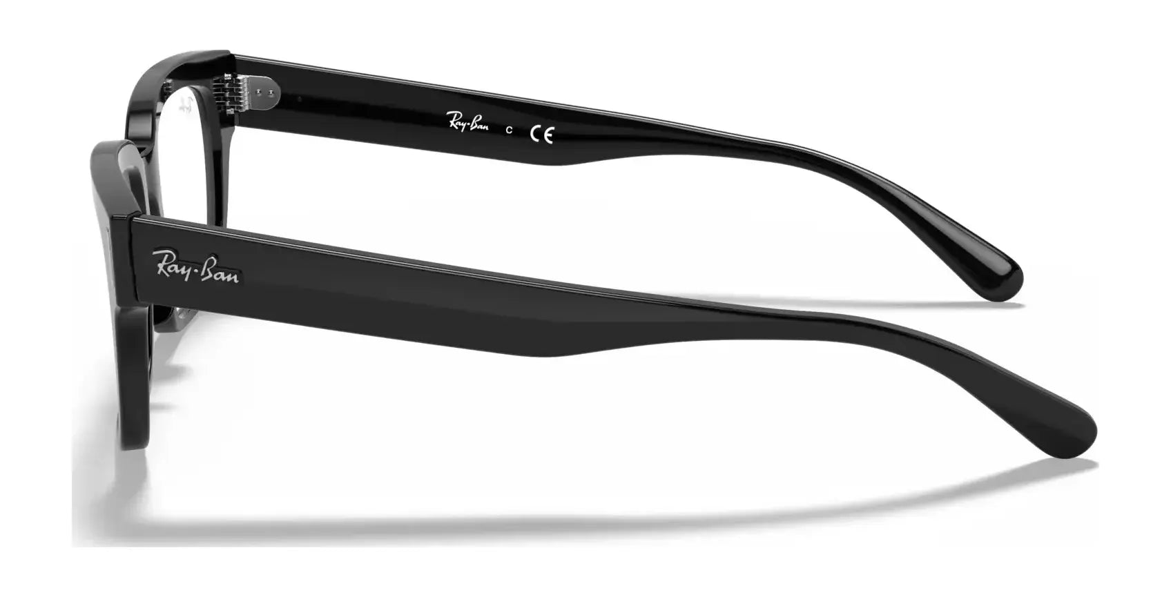 Side view of the Ray-Ban JEFFREY RX5388 eyeglasses in black, highlighting the brand logo on the temple arms and featuring sleek square frames ideal for men's eyewear, available in size 53. Side view of the Ray-Ban JEFFREY RX5388 eyeglasses in black, highlighting the brand logo on the temple arms and featuring sleek square frames ideal for men's eyewear, available in size 53.