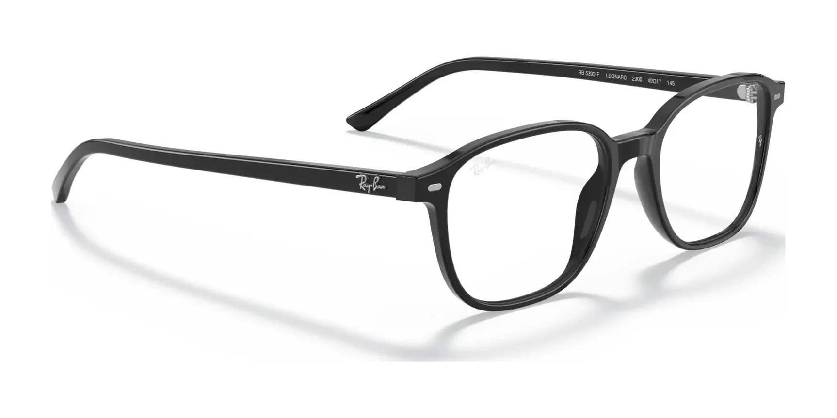 A pair of stylish Ray-Ban LEONARD RX5393F eyeglasses in size 53, featuring black full-rim frames and transparent lenses, is elegantly displayed on a pristine white background. A pair of stylish Ray-Ban LEONARD RX5393F eyeglasses in size 53, featuring black full-rim frames and transparent lenses, is elegantly displayed on a pristine white background.