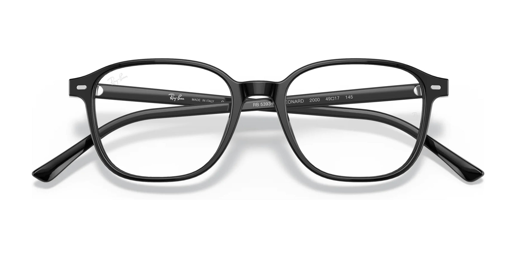 The Ray-Ban LEONARD RX5393F eyeglasses, available in size 53, showcase full-rim black square frames with clear lenses, providing a timeless appearance from the front. The Ray-Ban LEONARD RX5393F eyeglasses, available in size 53, showcase full-rim black square frames with clear lenses, providing a timeless appearance from the front.