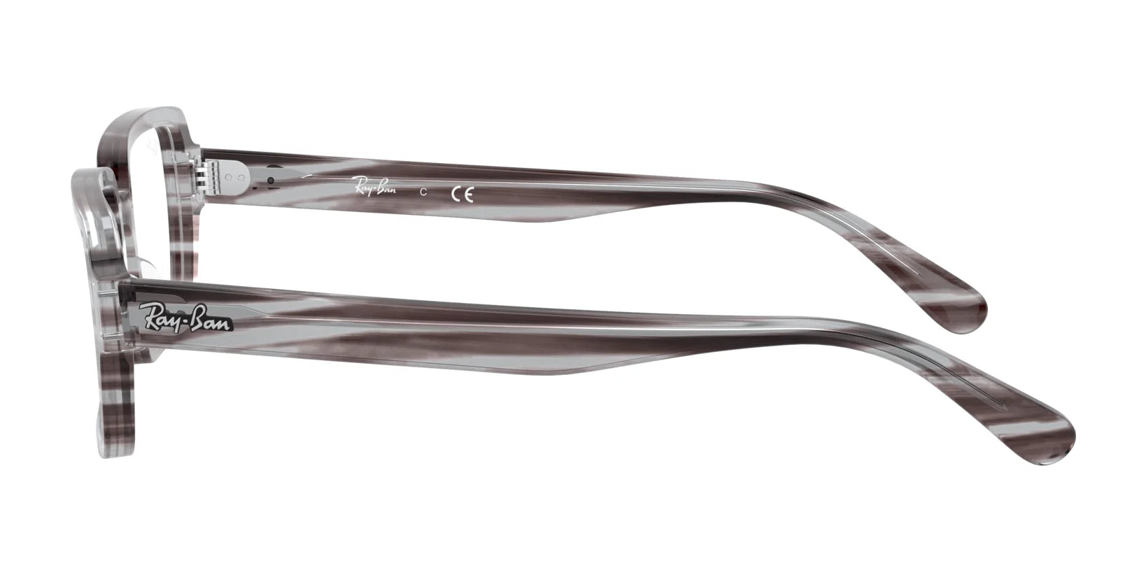 Side view of transparent gray Ray-Ban BENJI RX5473 eyeglasses in Size 50 with the logo on the temple, featuring their rectangular frames made from premium materials. Side view of transparent gray Ray-Ban BENJI RX5473 eyeglasses in Size 50 with the logo on the temple, featuring their rectangular frames made from premium materials.