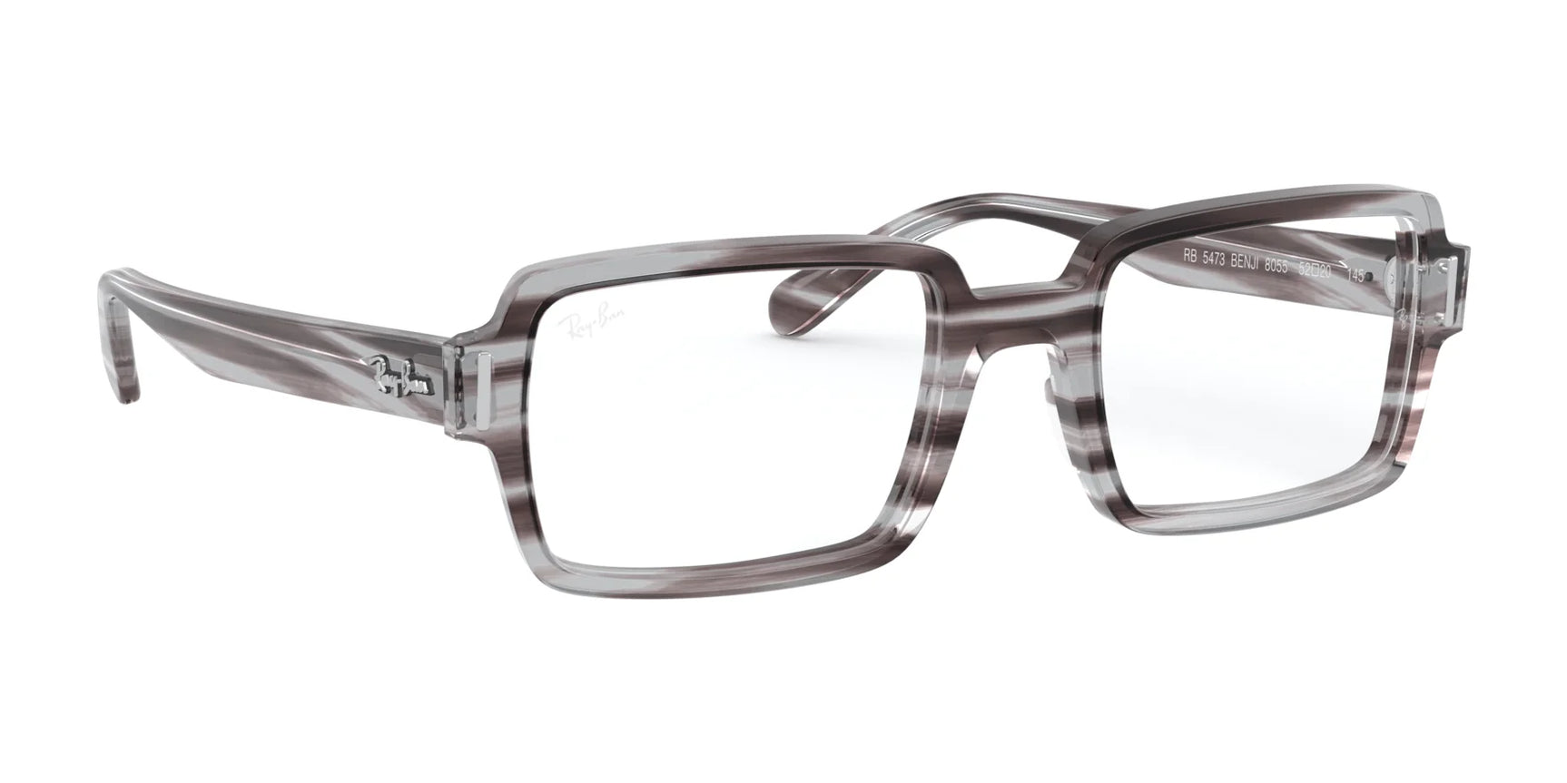 Experience the style of Ray-Ban BENJI RX5473 Eyeglasses, featuring gray, marbled square designs. Crafted with premium materials, their clear lenses and thick rectangular frames stand out against a sleek white background. Experience the style of Ray-Ban BENJI RX5473 Eyeglasses, featuring gray, marbled square designs. Crafted with premium materials, their clear lenses and thick rectangular frames stand out against a sleek white background.