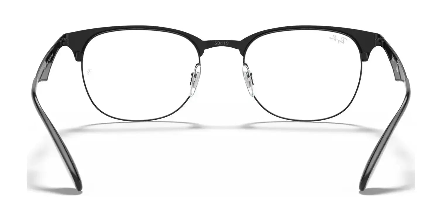 Front view of black-framed Ray-Ban RX6346 Eyeglasses in size 52, showcasing adjustable nosepads and clear lenses against a white background. Front view of black-framed Ray-Ban RX6346 Eyeglasses in size 52, showcasing adjustable nosepads and clear lenses against a white background.