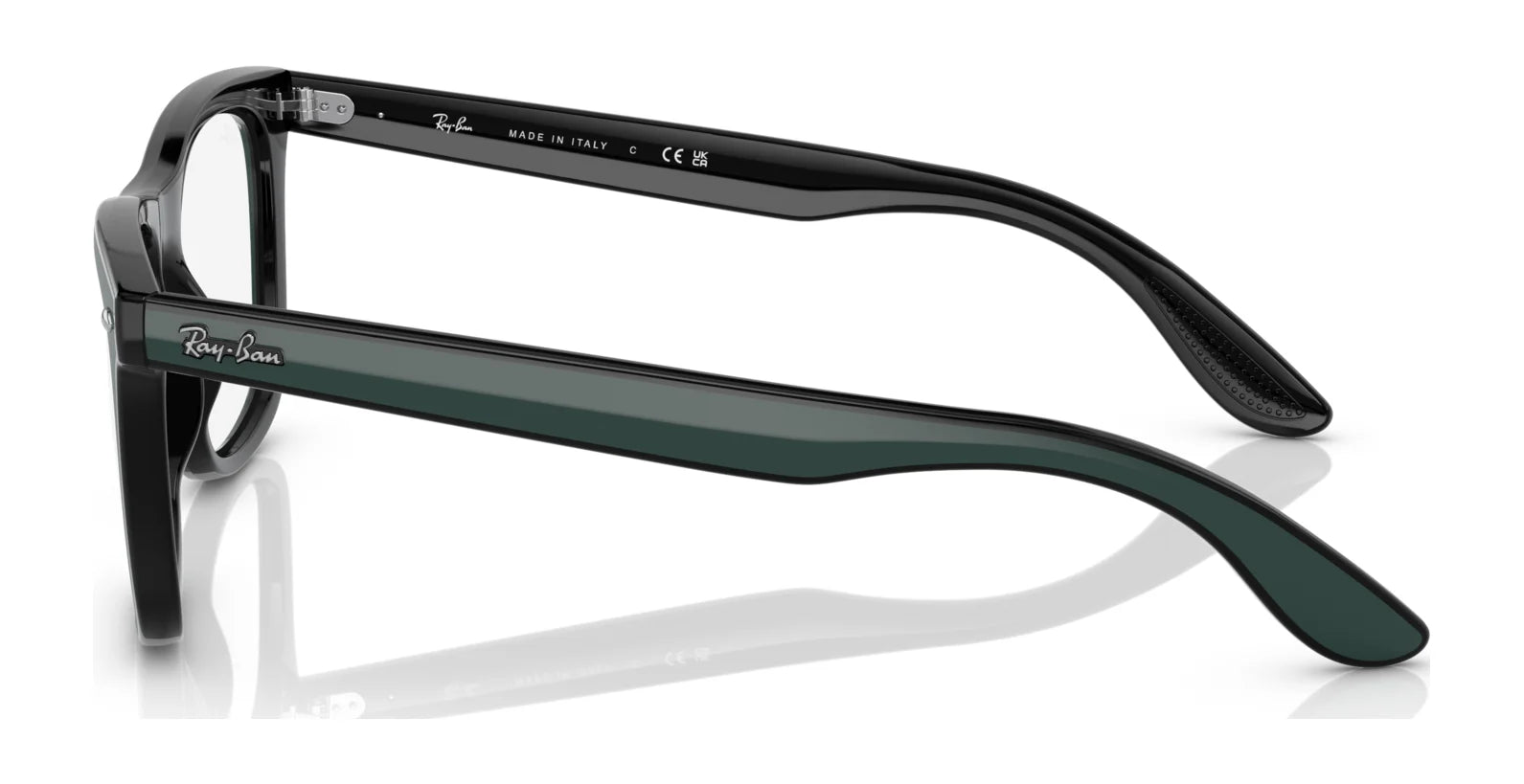 The Ray-Ban RX7209 Eyeglasses, featuring black frames and green temples in a size 55, present a luxurious eyewear experience and are ready for your prescription needs when viewed from the side. The Ray-Ban RX7209 Eyeglasses, featuring black frames and green temples in a size 55, present a luxurious eyewear experience and are ready for your prescription needs when viewed from the side.
