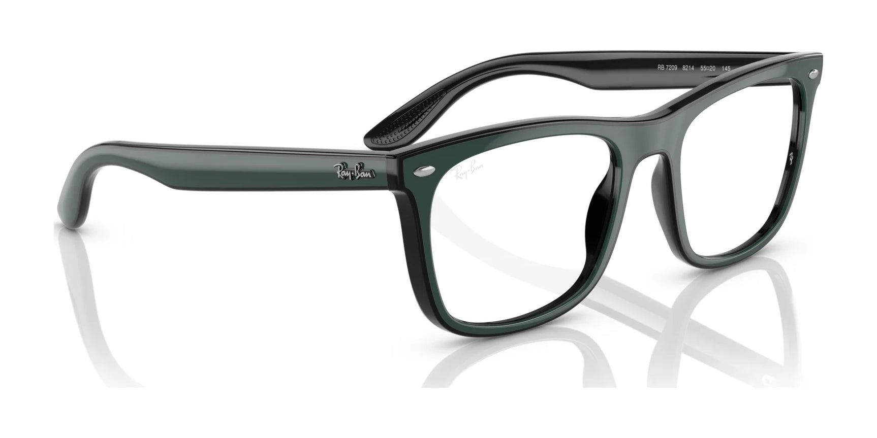 Ray-Ban RX7209 black and green eyeglasses in size 55, featuring clear, prescription-ready lenses, are set against a reflective white surface backdrop. Ray-Ban RX7209 black and green eyeglasses in size 55, featuring clear, prescription-ready lenses, are set against a reflective white surface backdrop.