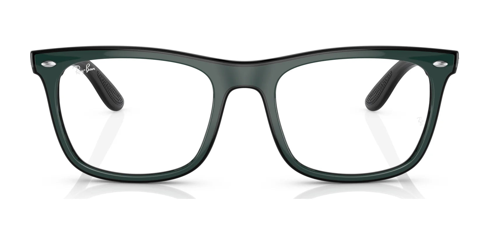 The Ray-Ban RX7209 Eyeglasses, featuring green square frames and clear lenses in size 55, embody luxurious eyewear elegance when viewed from the front. They are prescription-ready for both perfect vision and style. The Ray-Ban RX7209 Eyeglasses, featuring green square frames and clear lenses in size 55, embody luxurious eyewear elegance when viewed from the front. They are prescription-ready for both perfect vision and style.