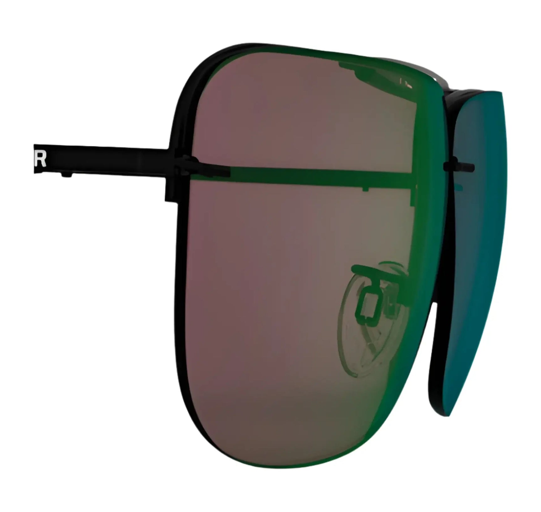 The RE Ranger Classic Lens sunglasses by RE Ranger feature oversized visor-style green-tinted Claysight lenses and a sleek black frame, shown from a side view. The RE Ranger Classic Lens sunglasses by RE Ranger feature oversized visor-style green-tinted Claysight lenses and a sleek black frame, shown from a side view.