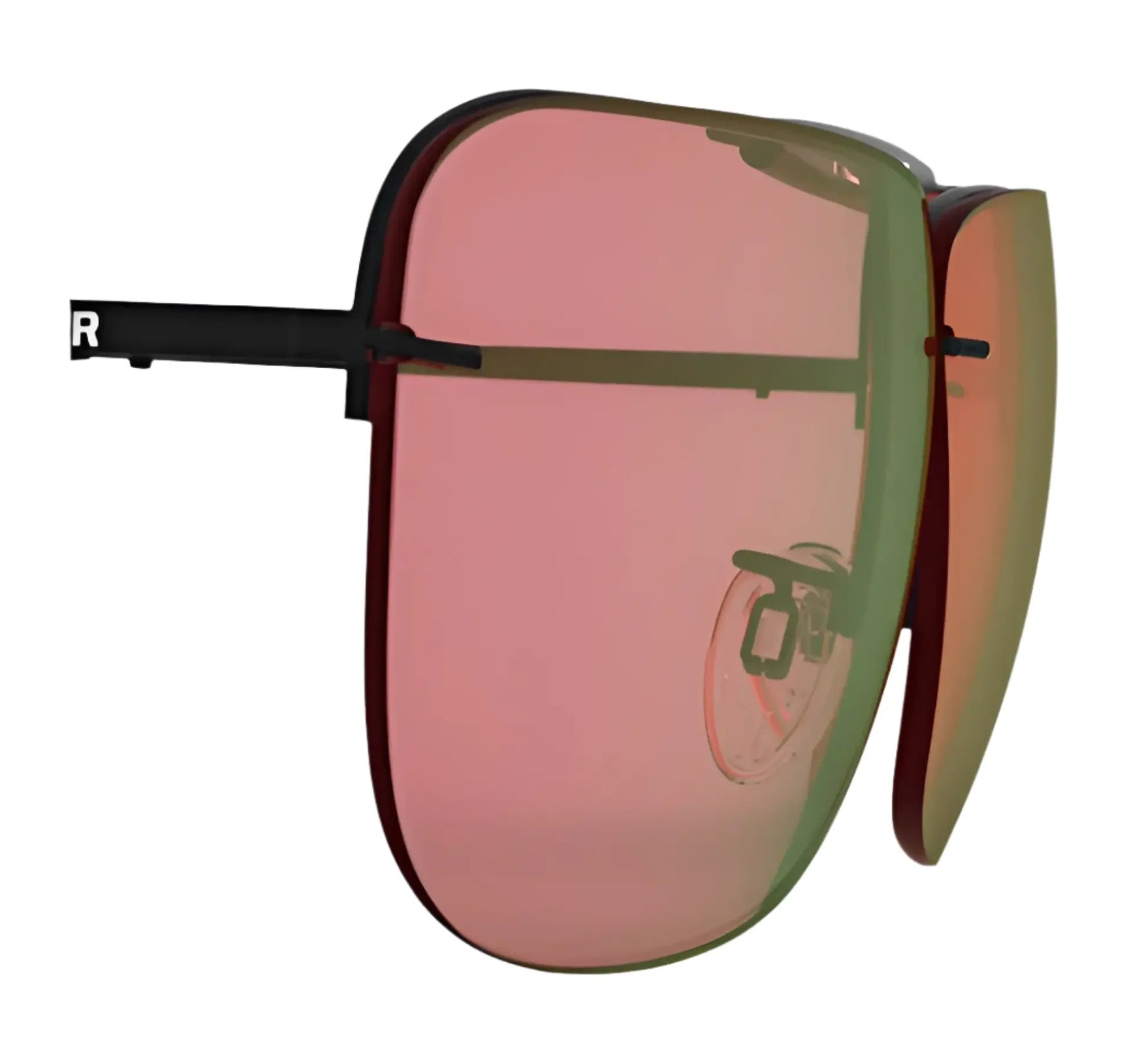 Side view of RE Ranger Classic Lens rimless sunglasses by RE Ranger, featuring large pink-tinted Claysight lenses and thin black arms. Side view of RE Ranger Classic Lens rimless sunglasses by RE Ranger, featuring large pink-tinted Claysight lenses and thin black arms.