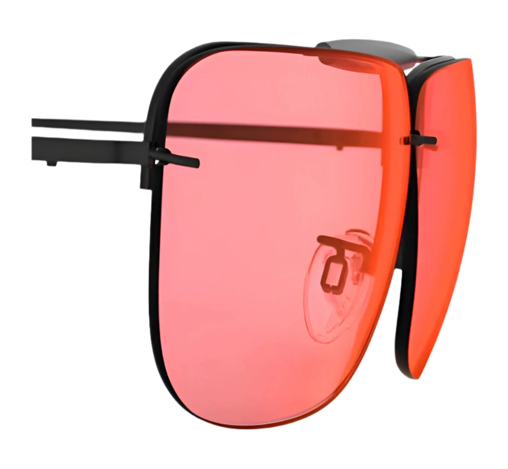 RE Ranger Classic Lens sunglasses by RE Ranger feature large, red-tinted Claysight lenses and a black frame, displayed on a white background. RE Ranger Classic Lens sunglasses by RE Ranger feature large, red-tinted Claysight lenses and a black frame, displayed on a white background.