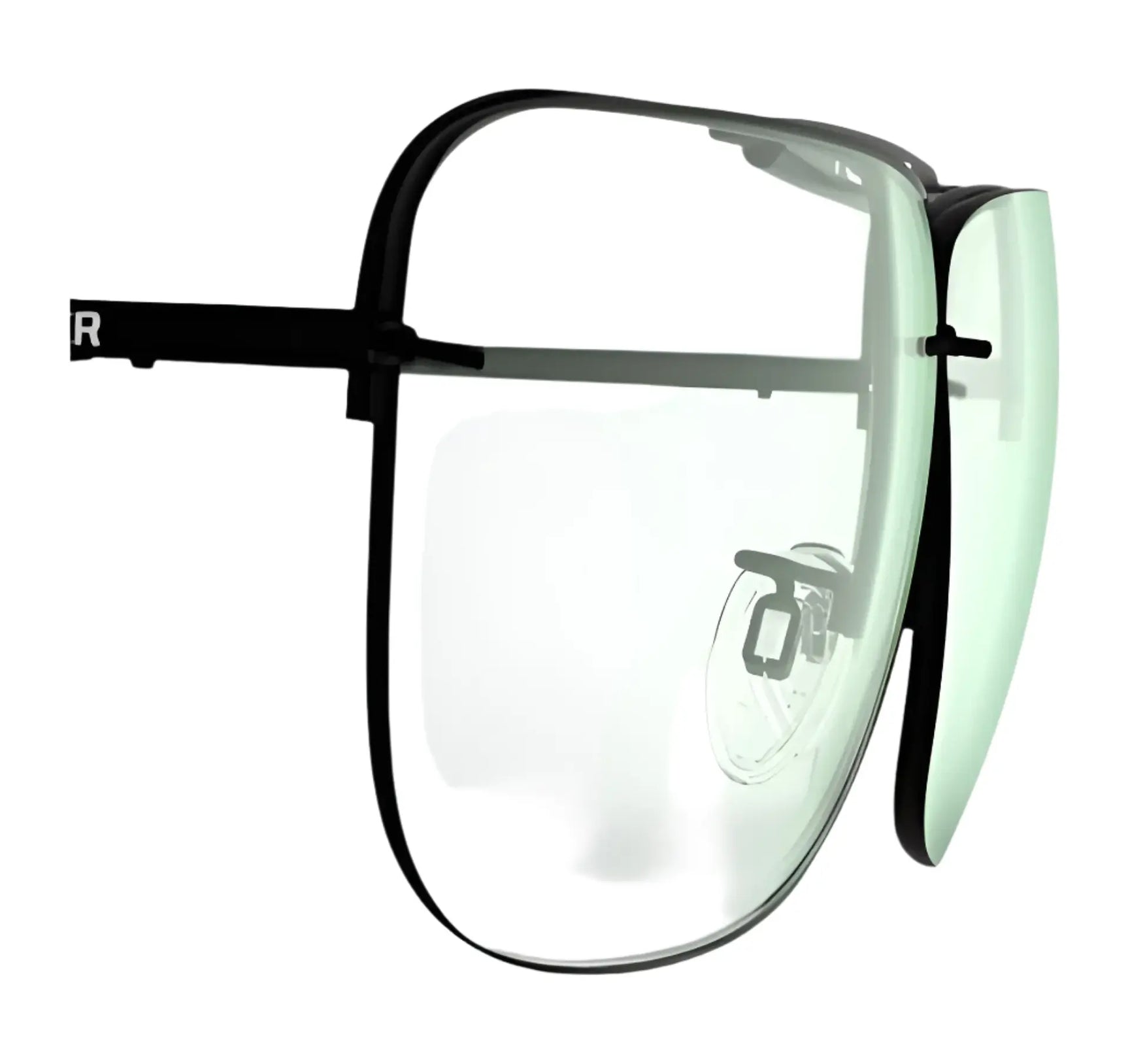 Close-up view of a single RE Ranger Classic Lens eyeglass with black frame, nose pad, and right temple arm visible, featuring premium RE Ranger lenses for enhanced clarity. Close-up view of a single RE Ranger Classic Lens eyeglass with black frame, nose pad, and right temple arm visible, featuring premium RE Ranger lenses for enhanced clarity.