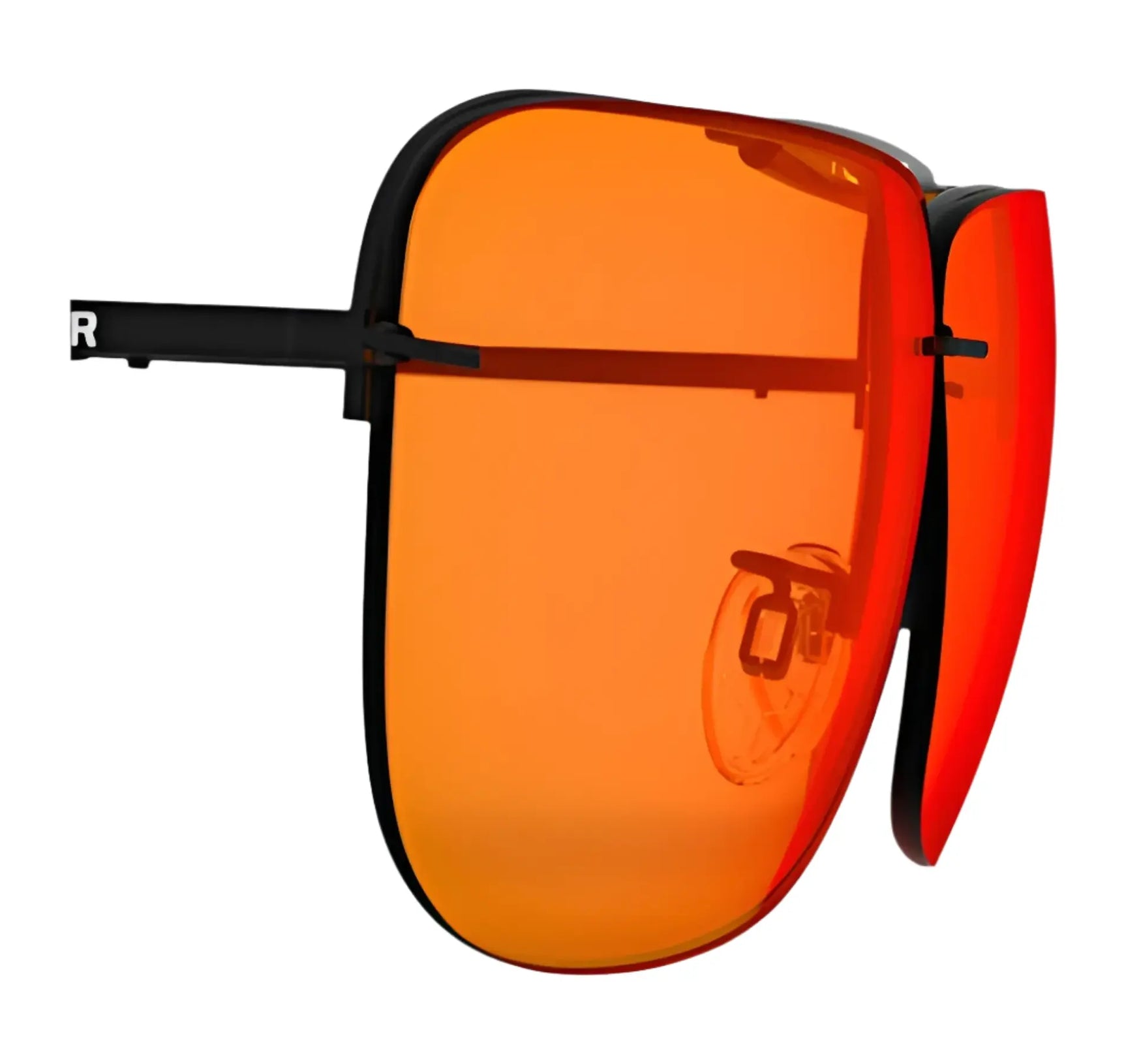 RE Ranger Classic Lens sunglasses by RE Ranger, featuring Claysight orange lenses, a flip-up design, and black frames, are displayed on a white background. RE Ranger Classic Lens sunglasses by RE Ranger, featuring Claysight orange lenses, a flip-up design, and black frames, are displayed on a white background.