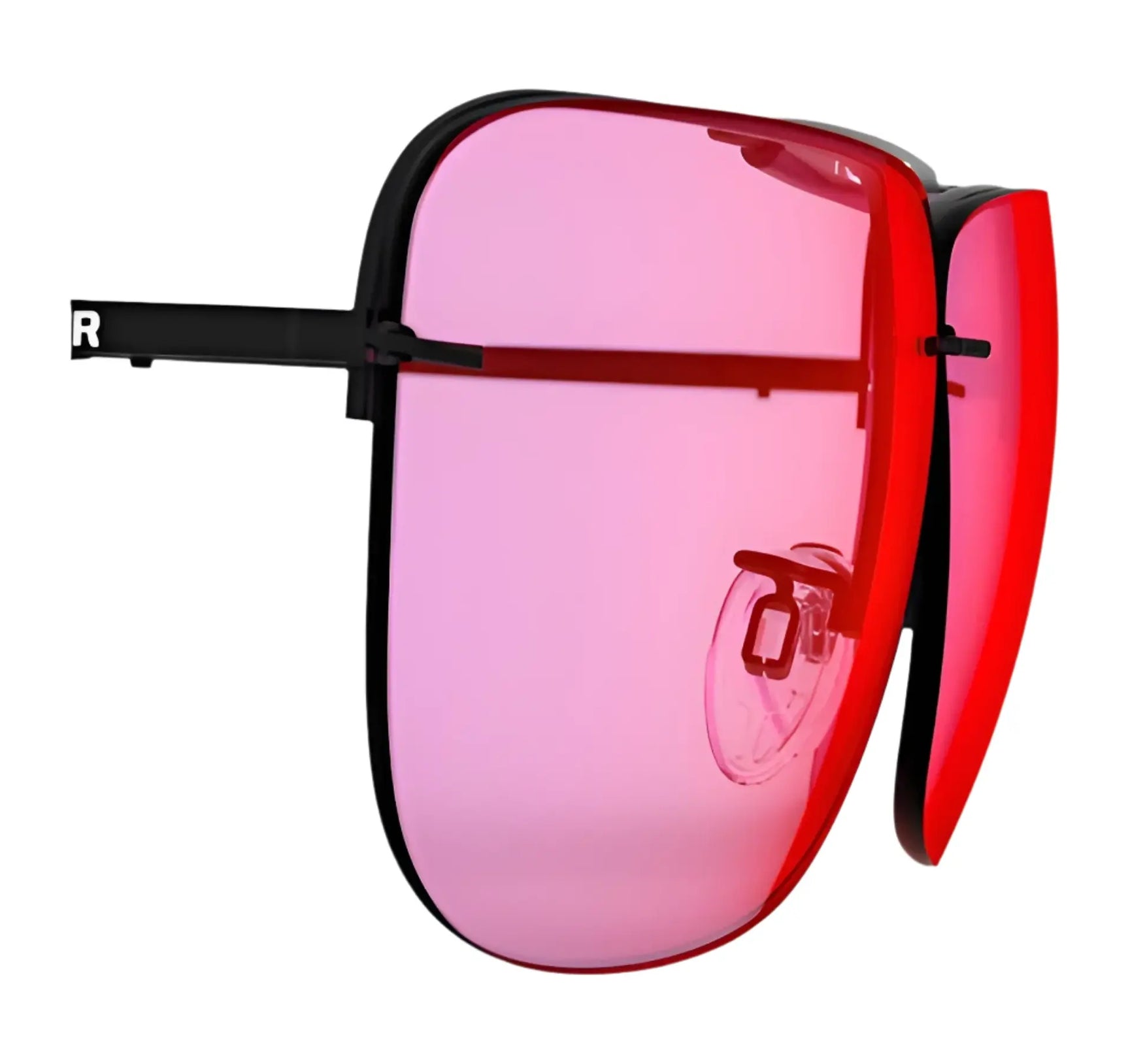 The RE Ranger Classic Lens sunglasses by RE Ranger feature red-tinted Claysight lenses and a black frame, displayed at an angled side view on a white background. The RE Ranger Classic Lens sunglasses by RE Ranger feature red-tinted Claysight lenses and a black frame, displayed at an angled side view on a white background.