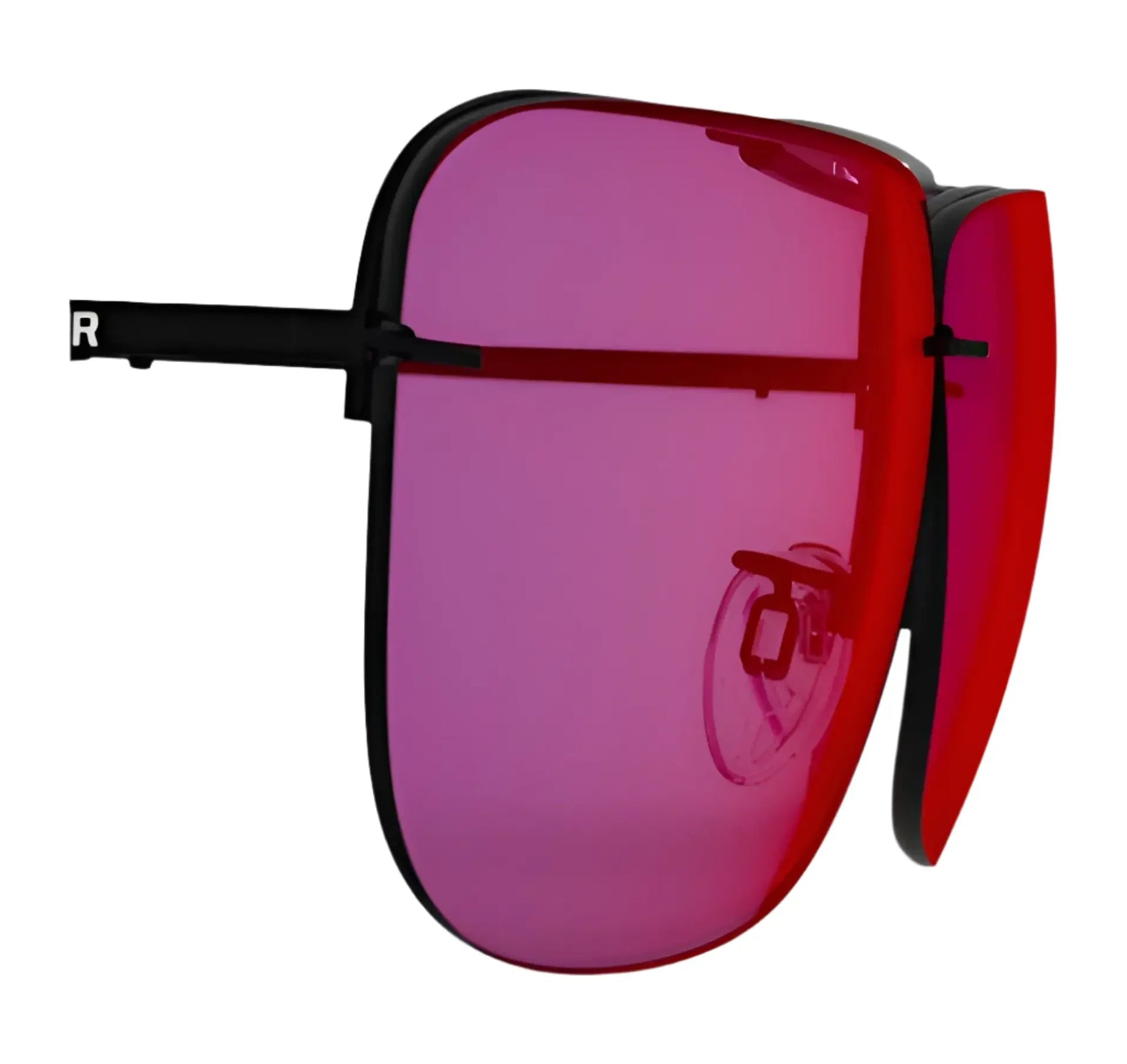 The RE Ranger Classic Lens sunglasses by RE Ranger feature oversized Claysight lenses in vivid red with thin black frames, viewed from a side angle. The RE Ranger Classic Lens sunglasses by RE Ranger feature oversized Claysight lenses in vivid red with thin black frames, viewed from a side angle.