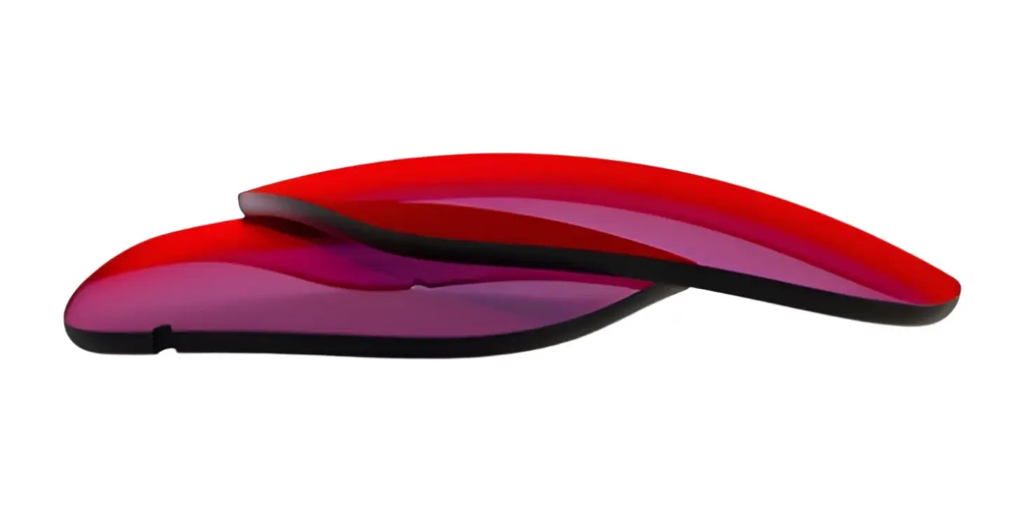 Two curved, glossy, red and purple translucent RE Ranger Classic Lenses by RE Ranger are stacked on a white background. Two curved, glossy, red and purple translucent RE Ranger Classic Lenses by RE Ranger are stacked on a white background.