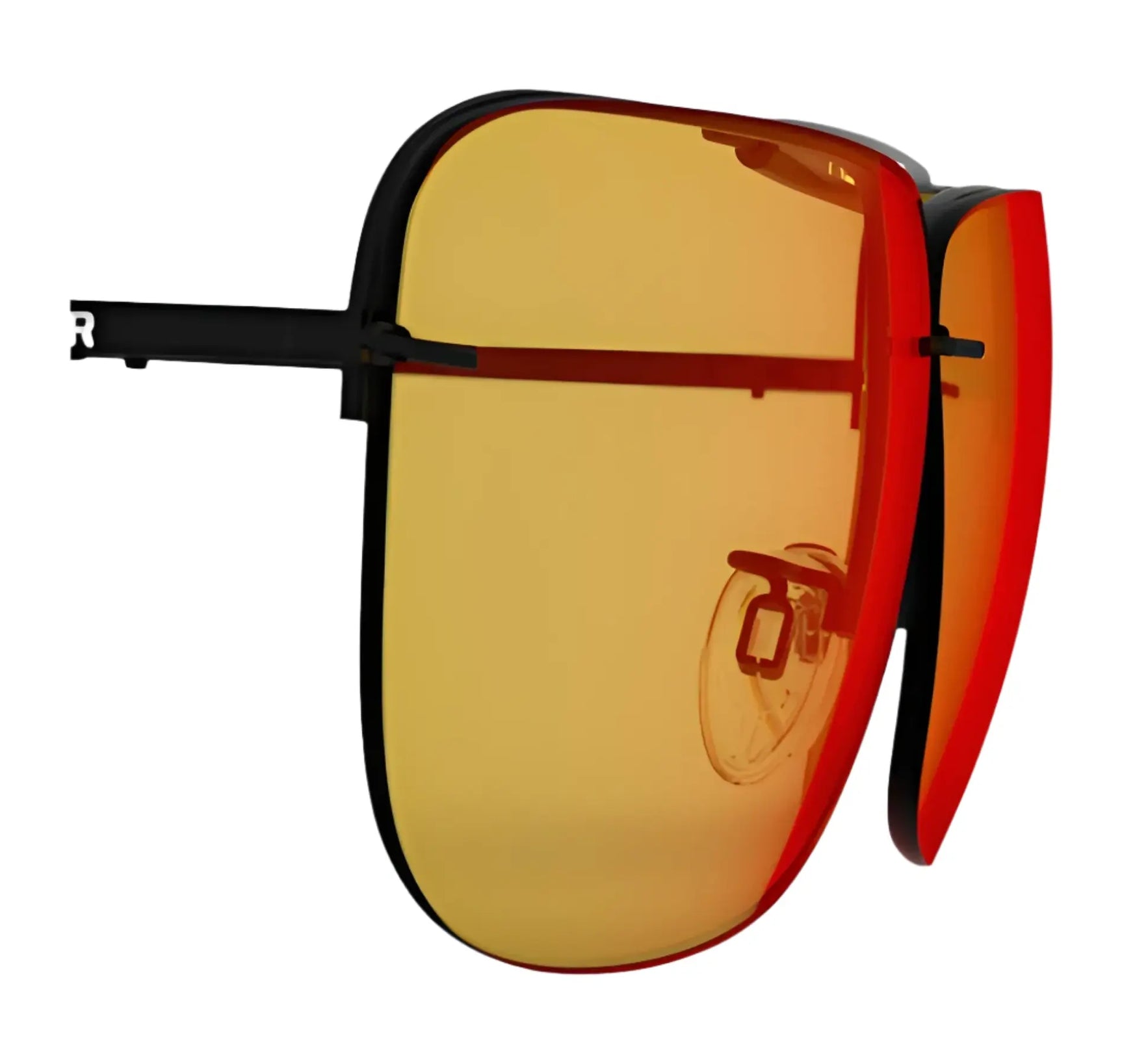 The RE Ranger Classic Lens by RE Ranger features orange and red tinted shooting lenses in a black frame, displayed from a side view on a white background. The RE Ranger Classic Lens by RE Ranger features orange and red tinted shooting lenses in a black frame, displayed from a side view on a white background.