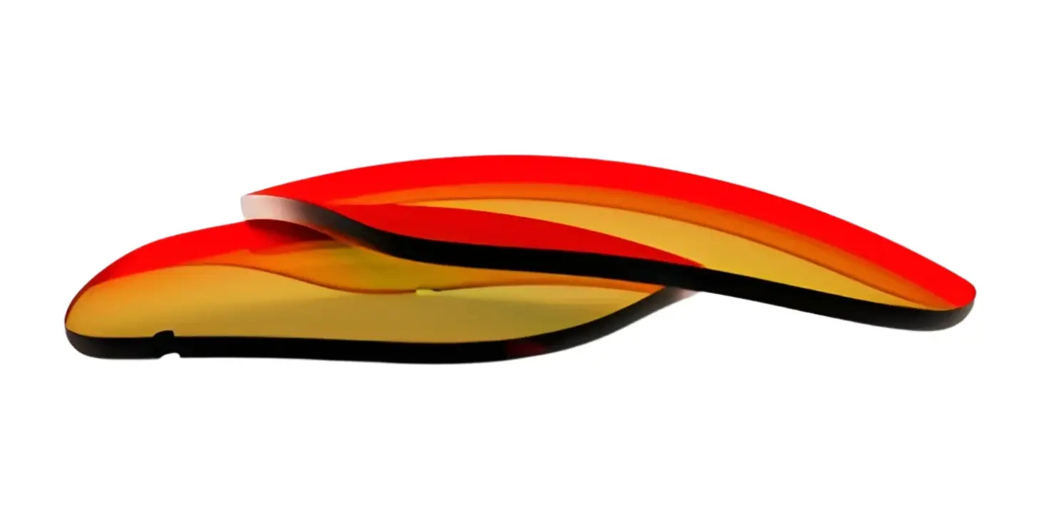 Two curved, translucent RE Ranger Classic Lens pieces—one red, one yellow—overlap on a white background, highlighting the distinctive RE Ranger design. Two curved, translucent RE Ranger Classic Lens pieces—one red, one yellow—overlap on a white background, highlighting the distinctive RE Ranger design.