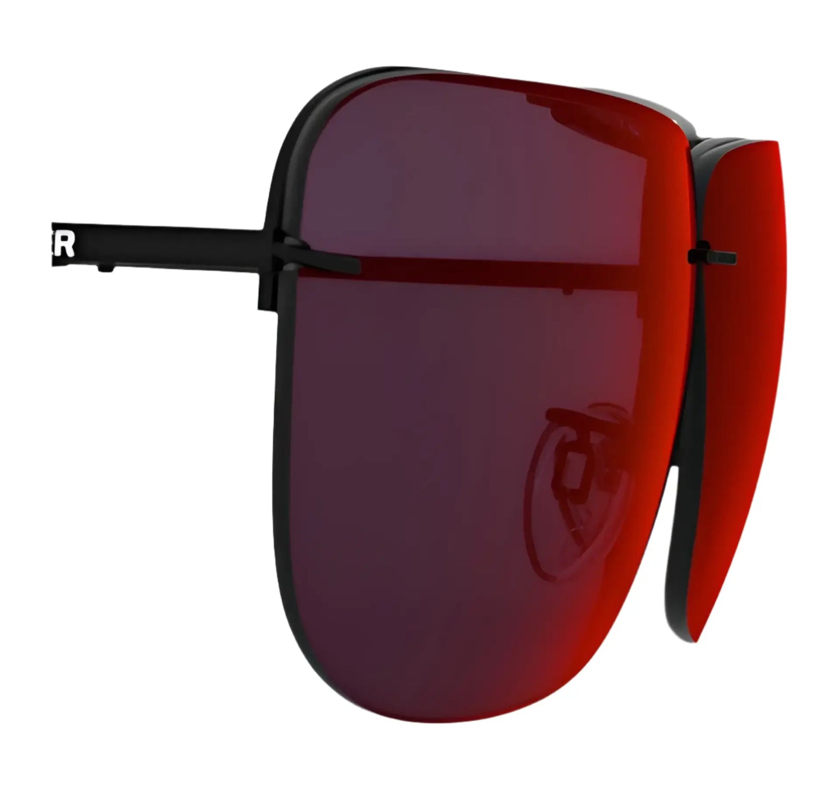 The RE Ranger Classic Lens by RE Ranger features futuristic black sunglasses with thin black arms and a single large red Claysight lens, displayed on a white background. The RE Ranger Classic Lens by RE Ranger features futuristic black sunglasses with thin black arms and a single large red Claysight lens, displayed on a white background.