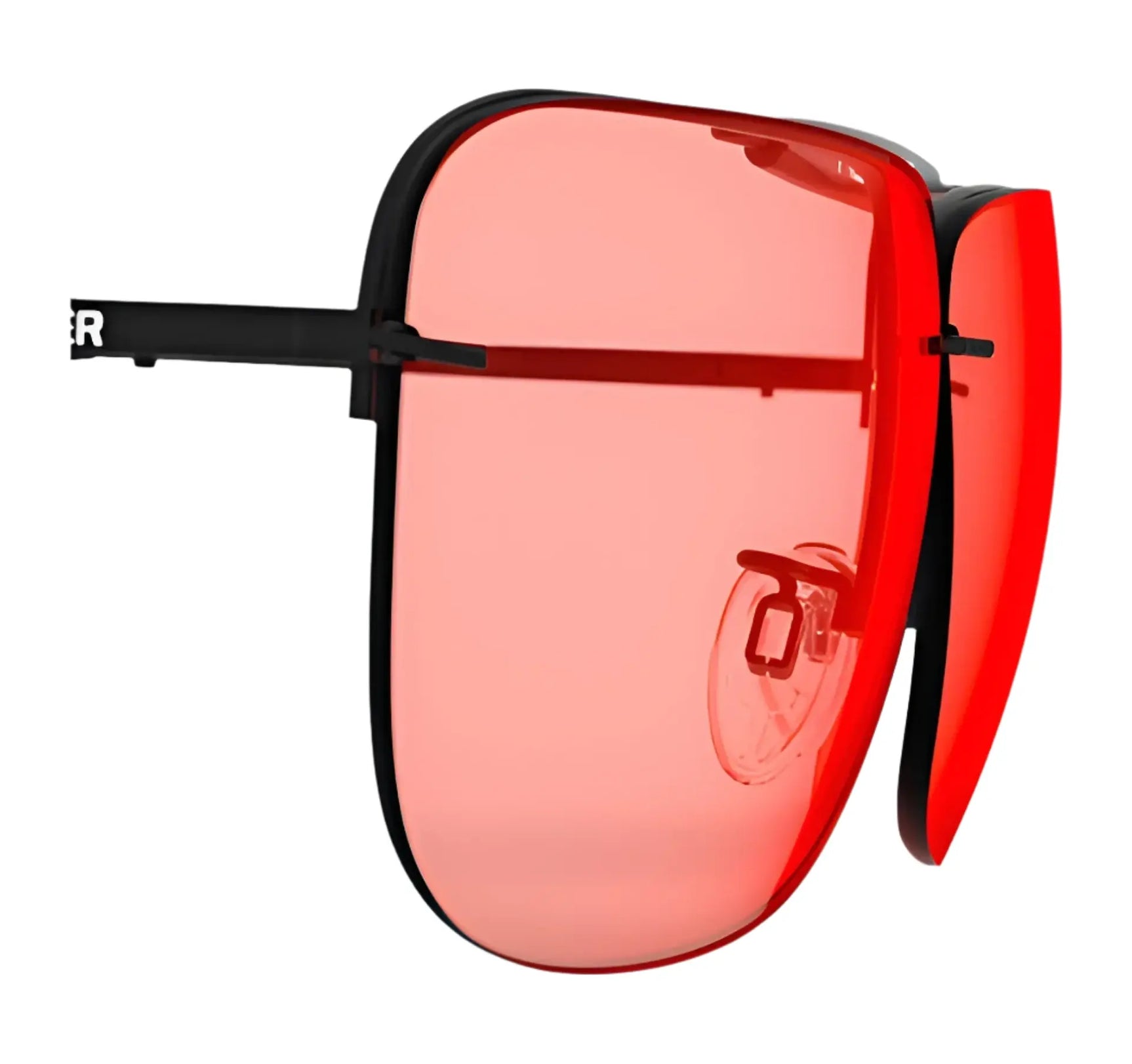 RE Ranger Classic Lens sunglasses by RE Ranger, with red lenses and black frames, are shown from a side angle on a white background. RE Ranger Classic Lens sunglasses by RE Ranger, with red lenses and black frames, are shown from a side angle on a white background.