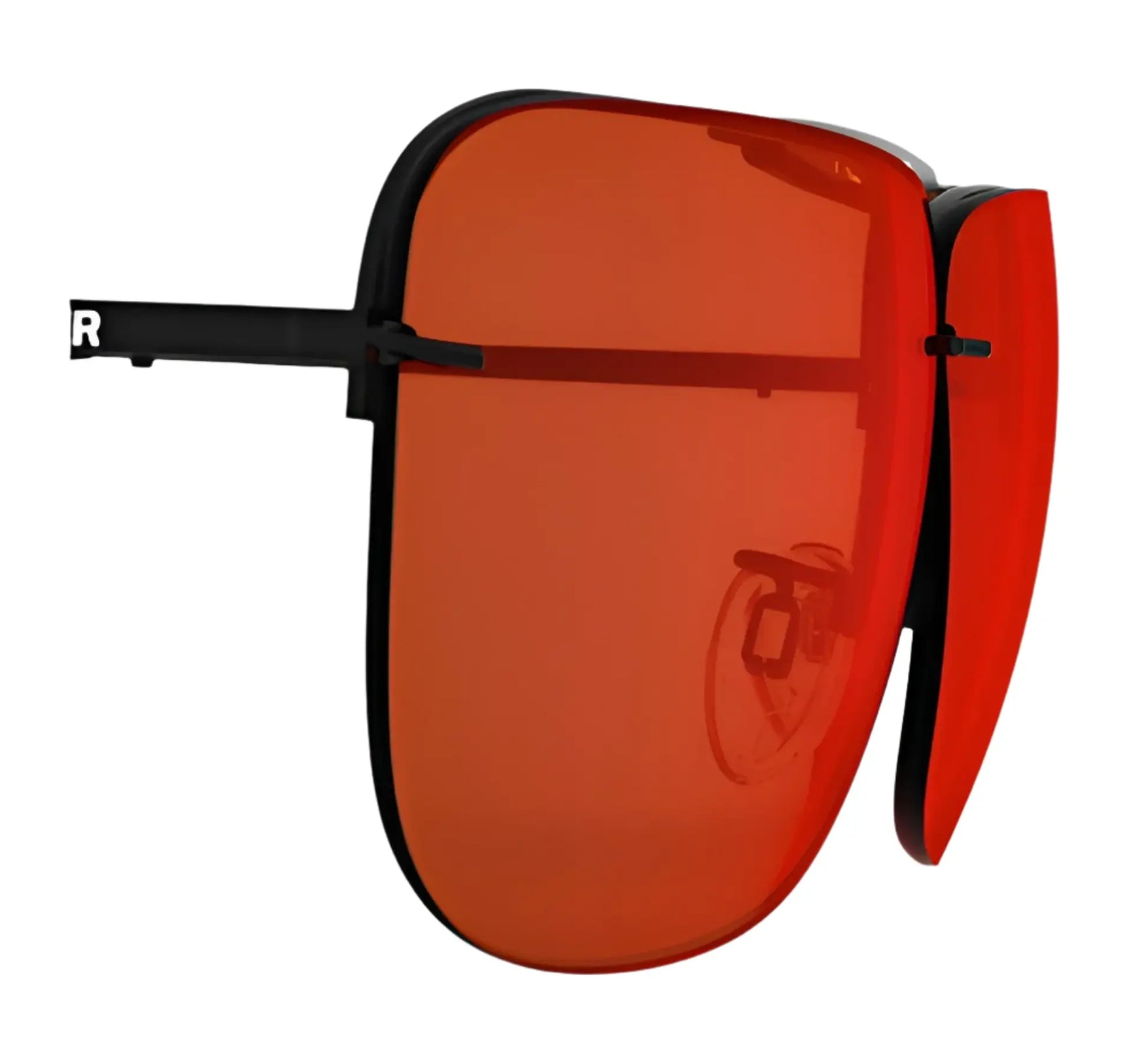 The RE Ranger Classic Lens sunglasses by RE Ranger feature bold, oversized red-tinted Claysight lenses and a sleek black frame, displayed from a side angle. The RE Ranger Classic Lens sunglasses by RE Ranger feature bold, oversized red-tinted Claysight lenses and a sleek black frame, displayed from a side angle.