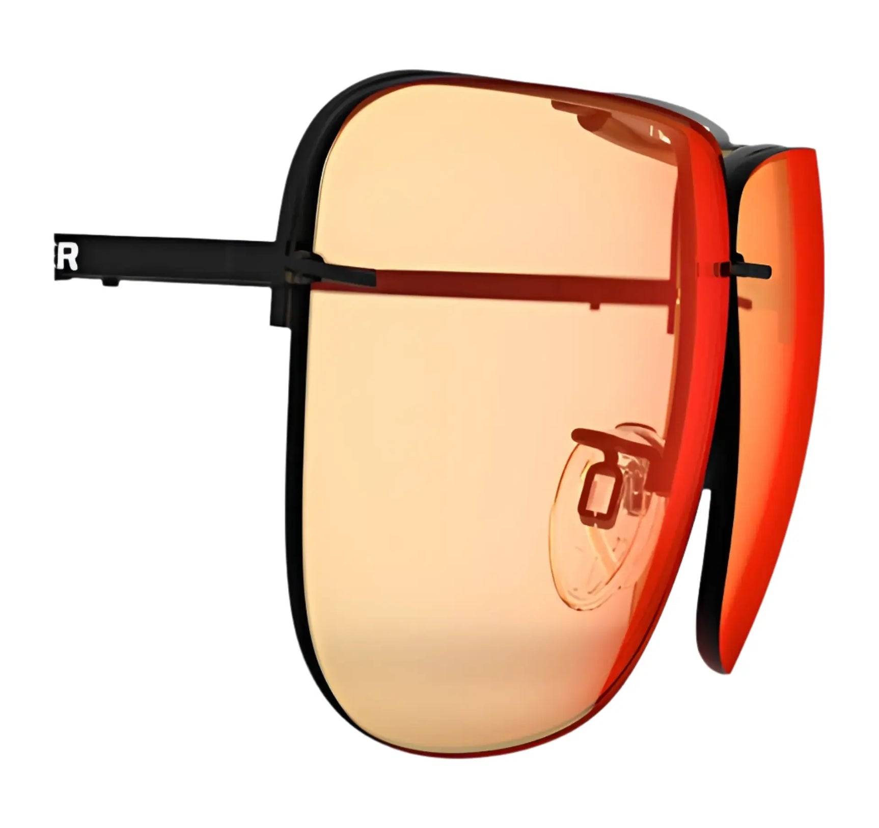 RE Ranger Classic Lens sunglasses by RE Ranger, featuring black rims, large orange-tinted lenses, and a visible nose pad, shown from the side. RE Ranger Classic Lens sunglasses by RE Ranger, featuring black rims, large orange-tinted lenses, and a visible nose pad, shown from the side.