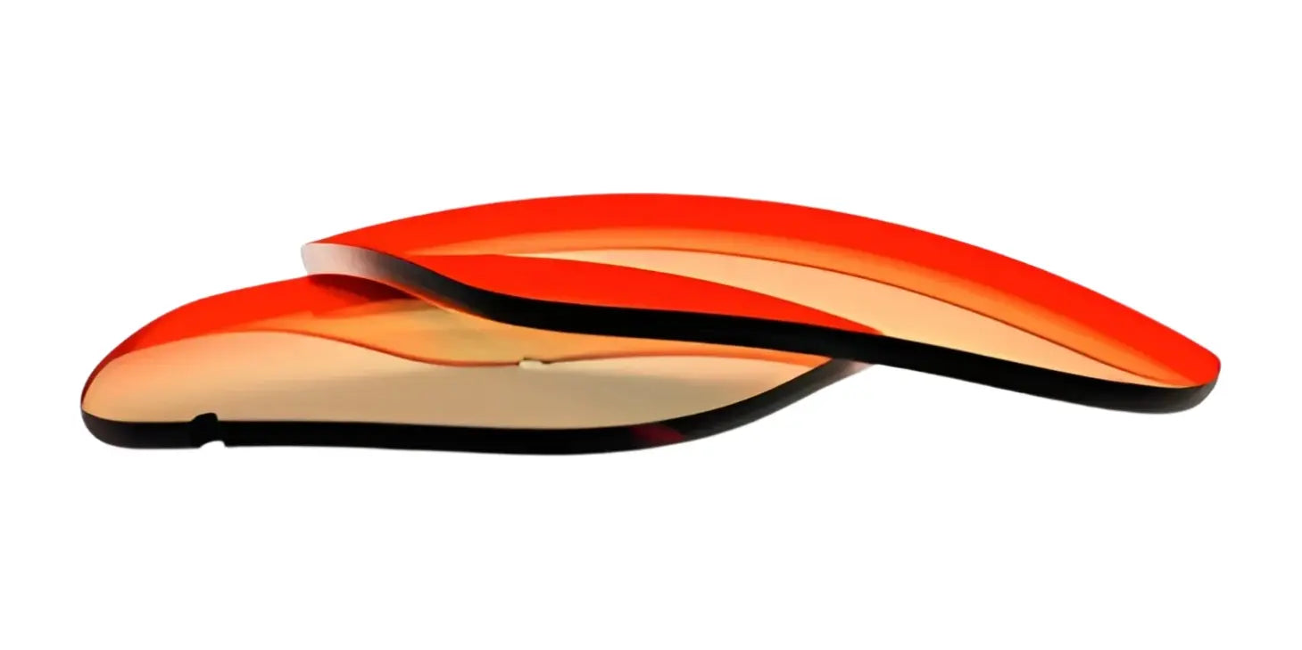 Two curved, translucent orange glass sculptures overlap on a white background, evoking the elegance of RE Ranger Classic Lens by RE Ranger. Two curved, translucent orange glass sculptures overlap on a white background, evoking the elegance of RE Ranger Classic Lens by RE Ranger.