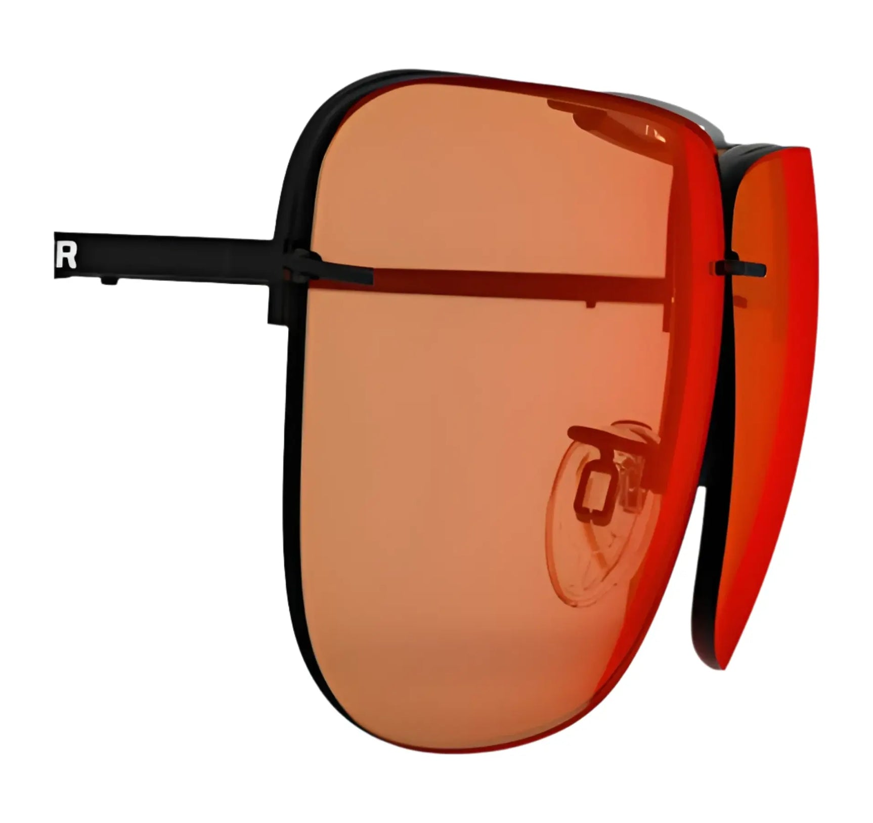 The RE Ranger Classic Lens clip-on sunglasses feature red-tinted Claysight lenses and a sleek black frame, displayed against a white background. The RE Ranger Classic Lens clip-on sunglasses feature red-tinted Claysight lenses and a sleek black frame, displayed against a white background.
