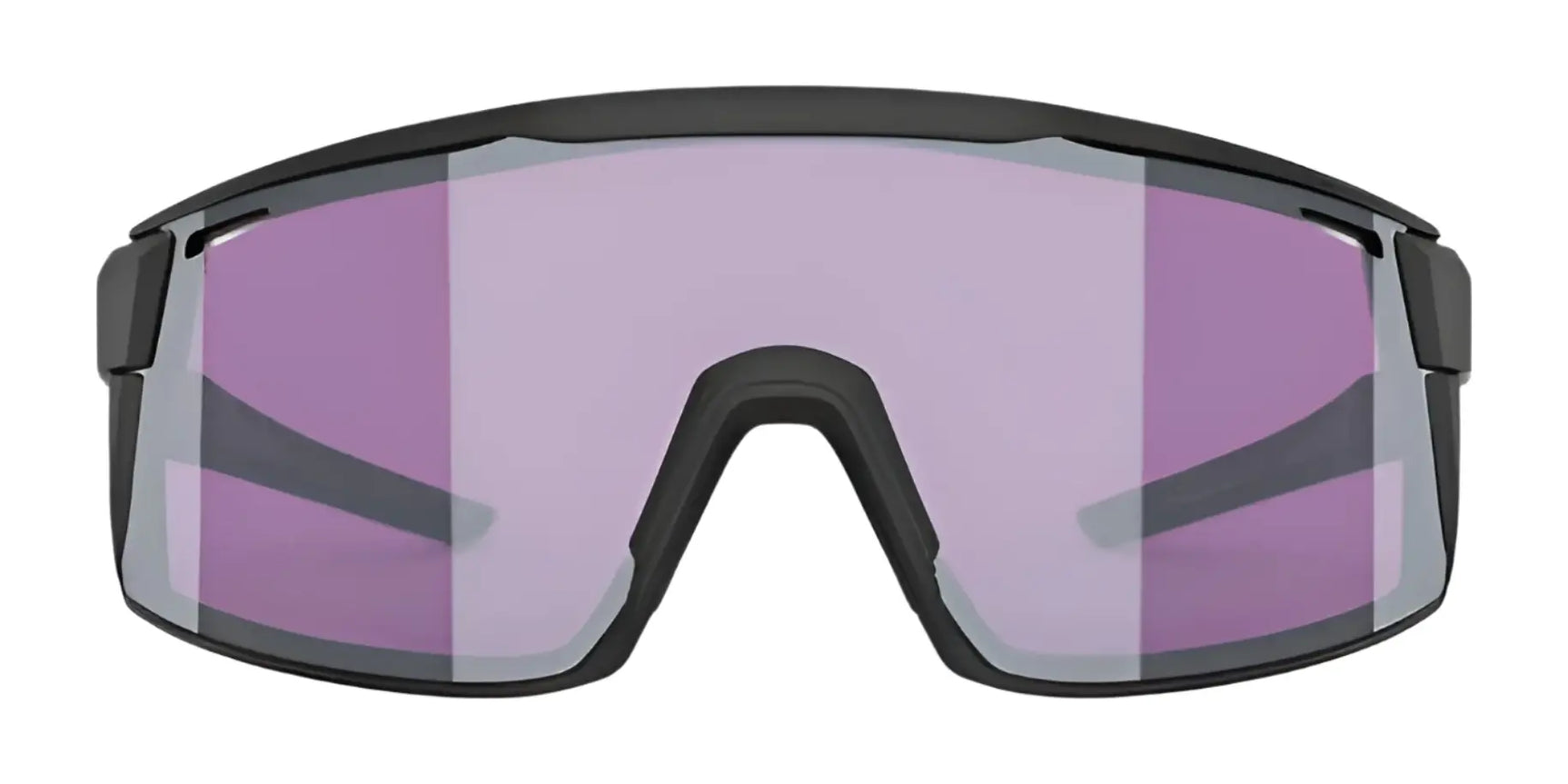The RE Ranger Duster Shooting Sunglasses by RE Ranger feature a wide, purple-tinted Claysight lens and a durable black TR90 frame, shown from the front. The RE Ranger Duster Shooting Sunglasses by RE Ranger feature a wide, purple-tinted Claysight lens and a durable black TR90 frame, shown from the front.