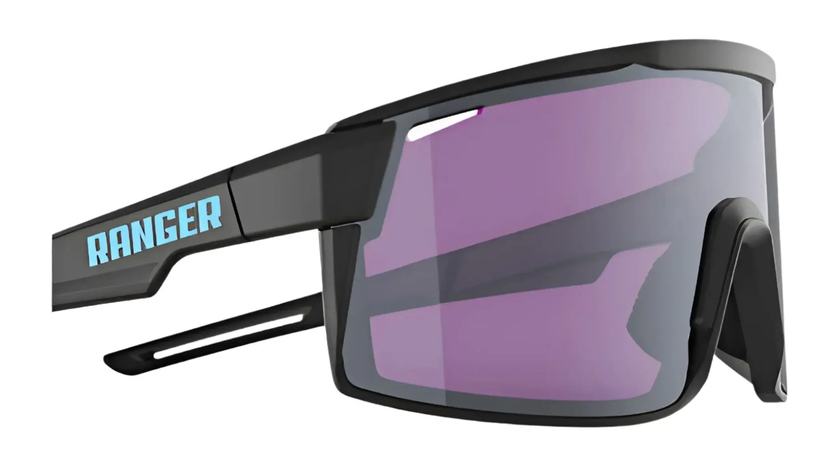The RE Ranger Duster Shooting Sunglasses by RE Ranger feature a lightweight TR90 frame, Claysight purple lenses, and "RANGER" in blue on the side. The RE Ranger Duster Shooting Sunglasses by RE Ranger feature a lightweight TR90 frame, Claysight purple lenses, and "RANGER" in blue on the side.