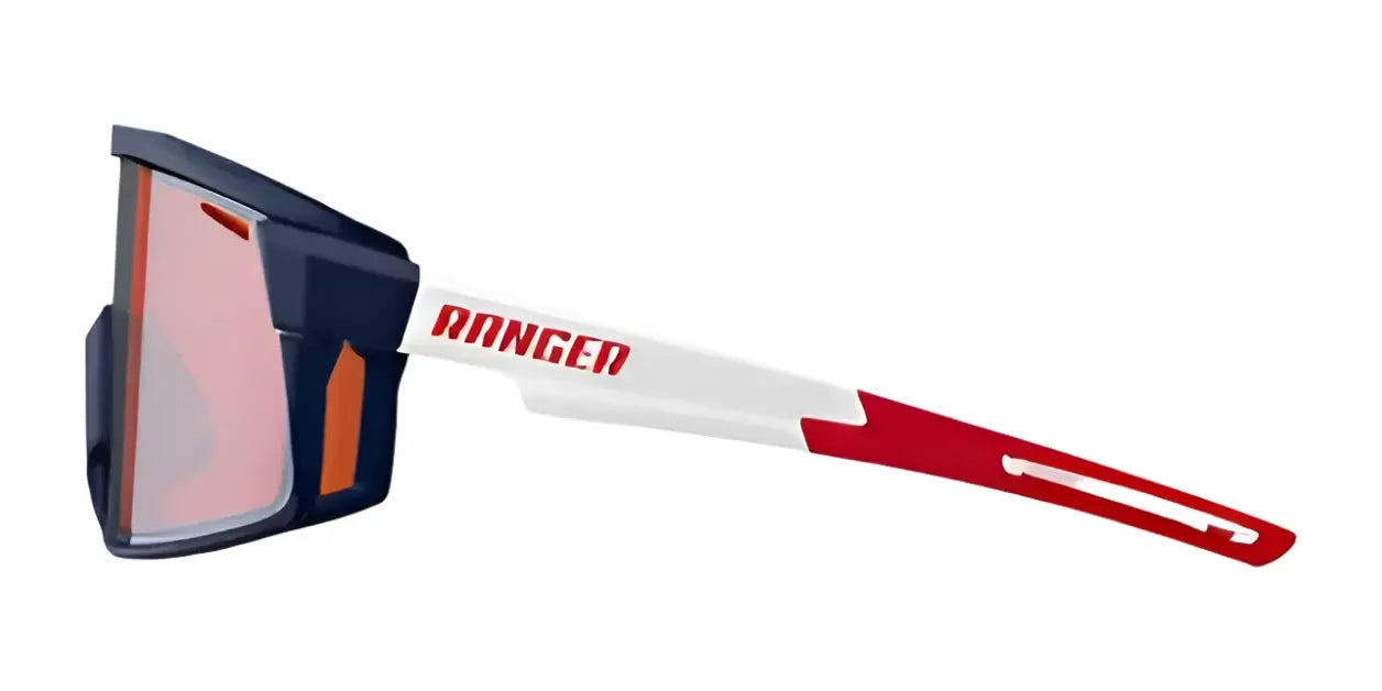 Side view of RE Ranger Duster Shooting Sunglasses by RE Ranger, featuring a durable TR90 frame in blue with red and white arms, and vibrant orange-tinted Claysight lenses. Side view of RE Ranger Duster Shooting Sunglasses by RE Ranger, featuring a durable TR90 frame in blue with red and white arms, and vibrant orange-tinted Claysight lenses.