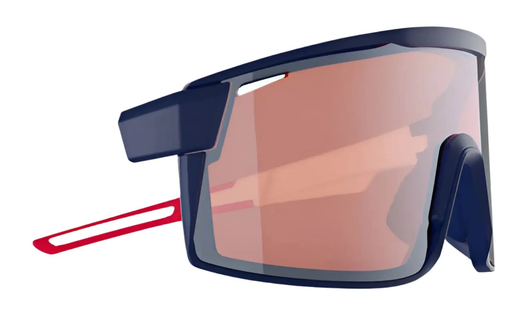 The RE Ranger Duster Shooting Sunglasses by RE Ranger feature a large tinted visor, Claysight lenses, a side attachment, and red earpieces—ideal high-tech eyewear for shooting sports. The RE Ranger Duster Shooting Sunglasses by RE Ranger feature a large tinted visor, Claysight lenses, a side attachment, and red earpieces—ideal high-tech eyewear for shooting sports.