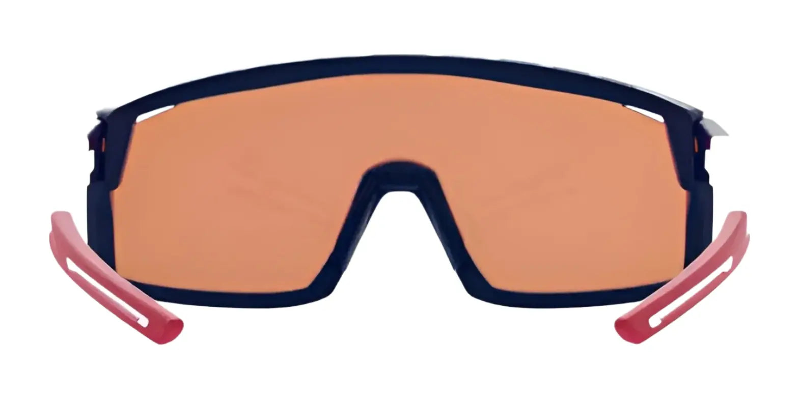 Front view of RE Ranger Duster Shooting Sunglasses by RE Ranger, featuring Claysight orange lenses, a black TR90 frame, and red arms against a white background. Front view of RE Ranger Duster Shooting Sunglasses by RE Ranger, featuring Claysight orange lenses, a black TR90 frame, and red arms against a white background.