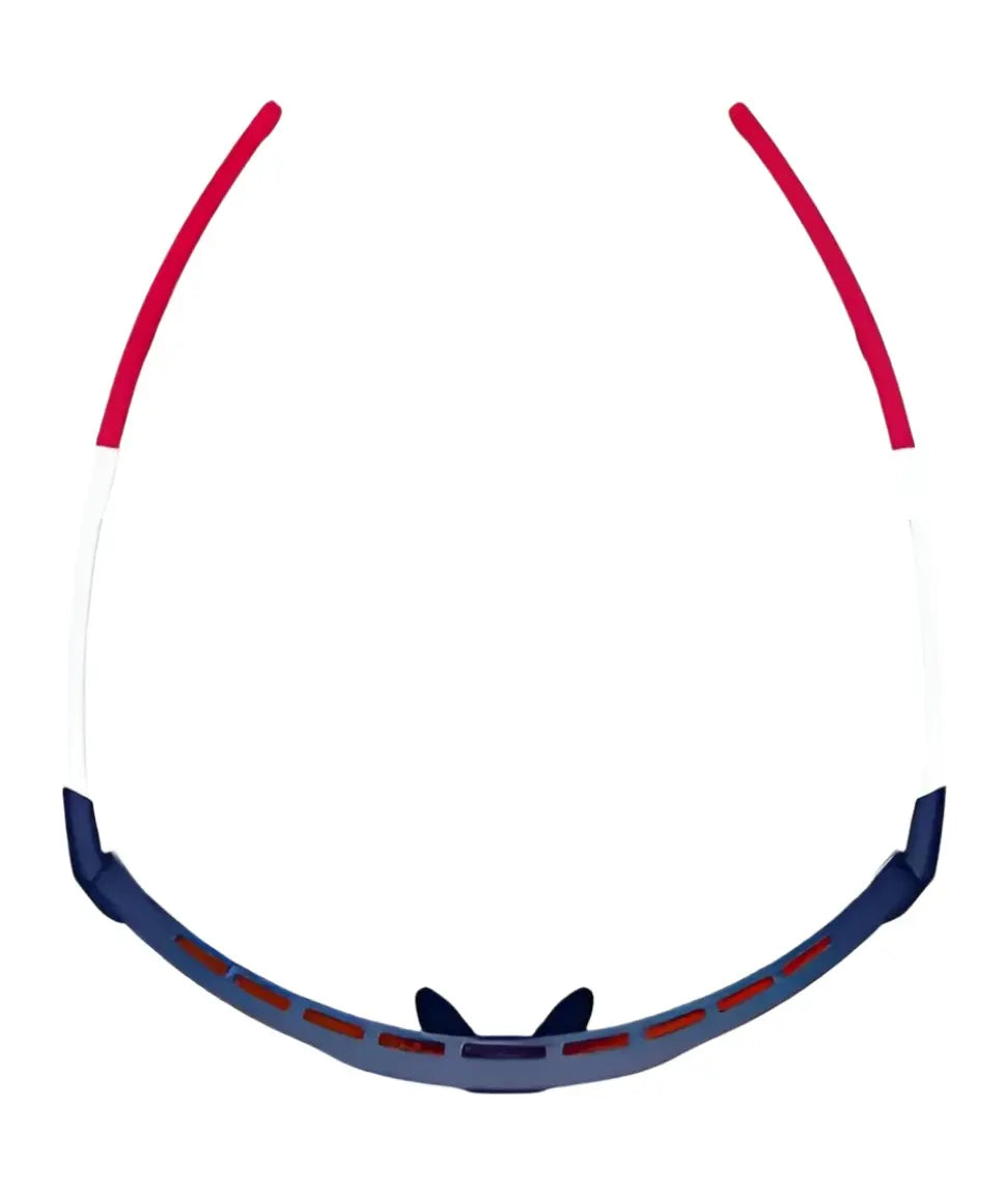 The RE Ranger Duster Shooting Sunglasses by RE Ranger, featuring Claysight lenses in red, white, and blue, are shown from above on a white background. The RE Ranger Duster Shooting Sunglasses by RE Ranger, featuring Claysight lenses in red, white, and blue, are shown from above on a white background.