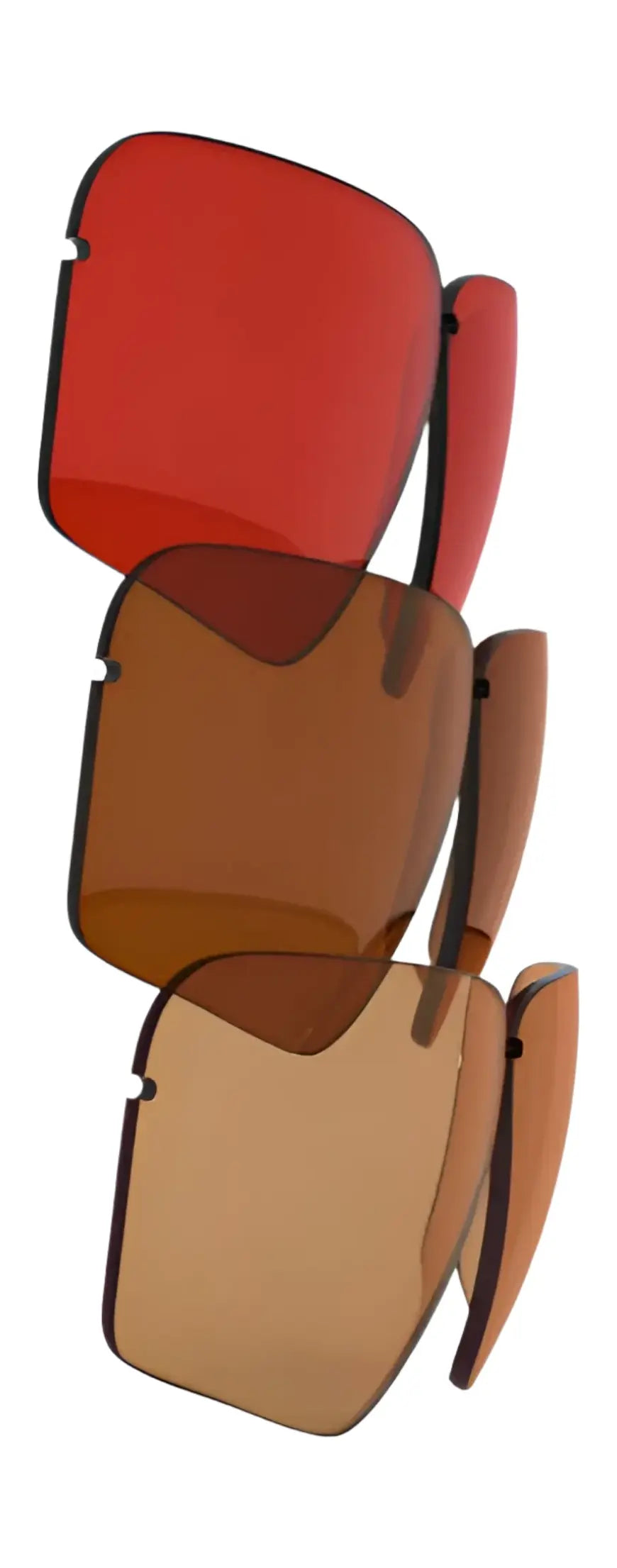 Four vertically arranged, overlapping translucent red and brown Claysight lenses, ideal for shooting glasses enthusiasts. They resemble the popular RE Ranger Edge Lens Kit by RE Ranger. Four vertically arranged, overlapping translucent red and brown Claysight lenses, ideal for shooting glasses enthusiasts. They resemble the popular RE Ranger Edge Lens Kit by RE Ranger.