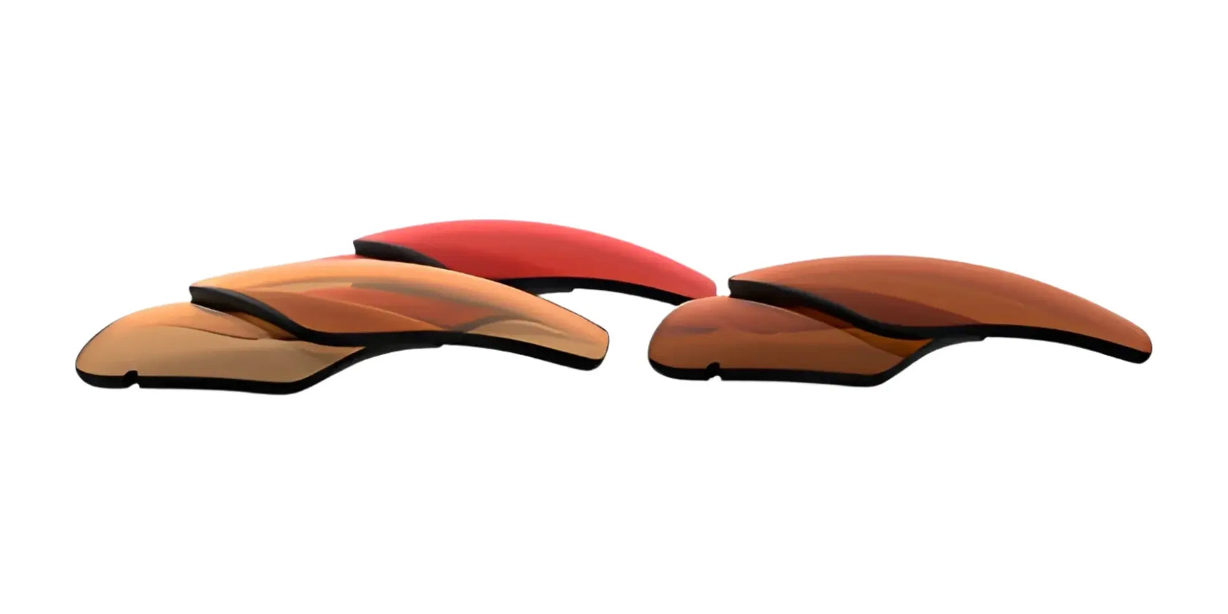 Four sleek, modern RE Ranger bike helmets in brown and red sit on a white background, each equipped with Claysight lenses for enhanced visibility. Four sleek, modern RE Ranger bike helmets in brown and red sit on a white background, each equipped with Claysight lenses for enhanced visibility.