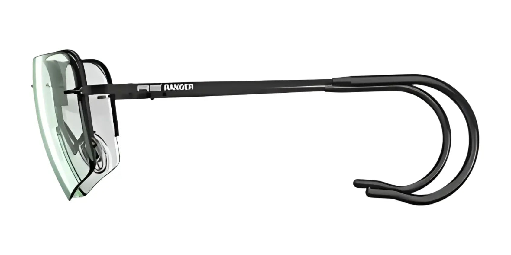 Side view of sleek RE Ranger Edge Shooting Glasses by RE Ranger, showcasing a black frame with a curved design and transparent Claysight lenses. Side view of sleek RE Ranger Edge Shooting Glasses by RE Ranger, showcasing a black frame with a curved design and transparent Claysight lenses.