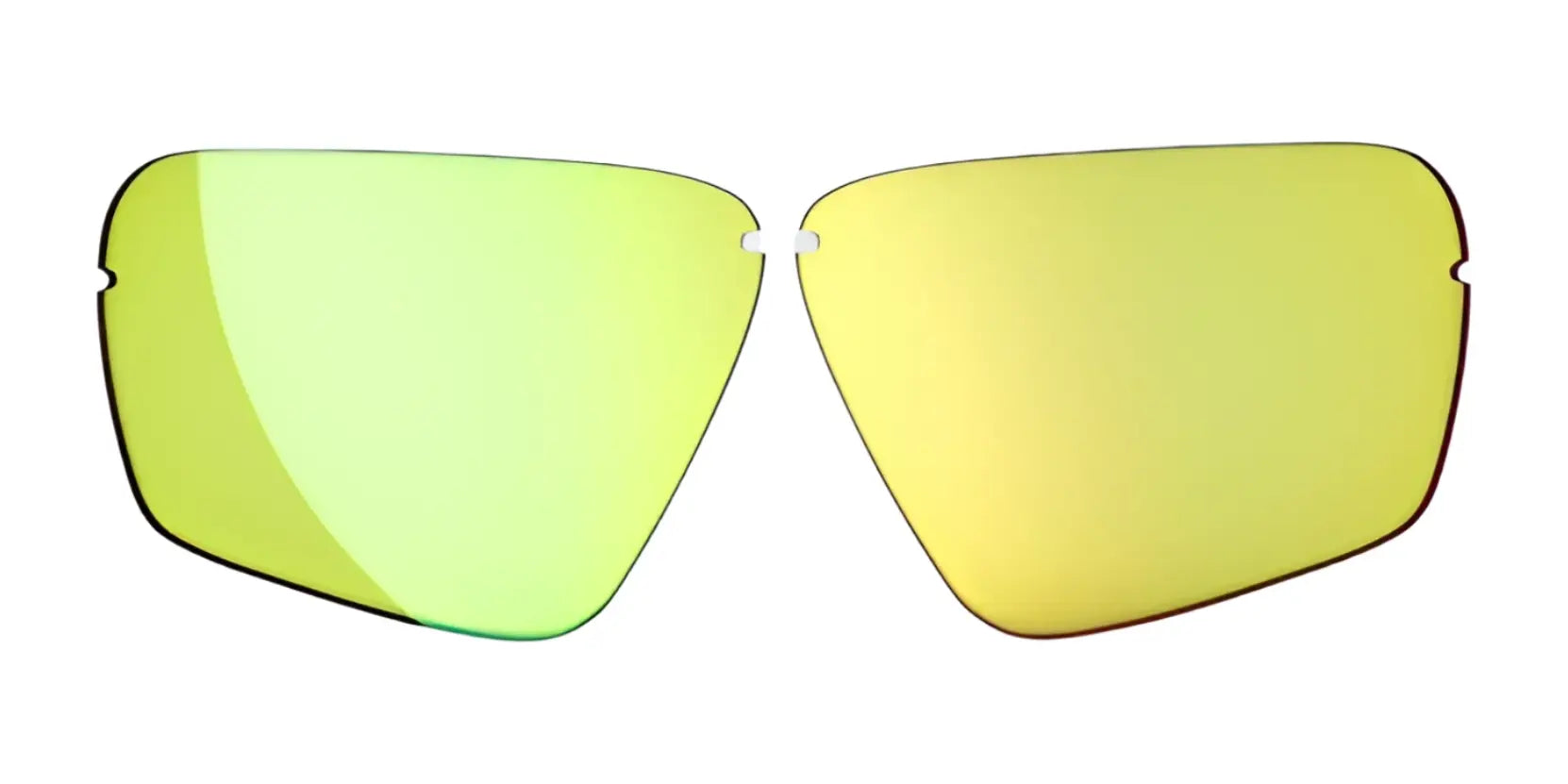 A pair of RE Ranger Edge yellow-green mirrored CMT sunglass lenses by RE Ranger displayed frameless against a white background. A pair of RE Ranger Edge yellow-green mirrored CMT sunglass lenses by RE Ranger displayed frameless against a white background.