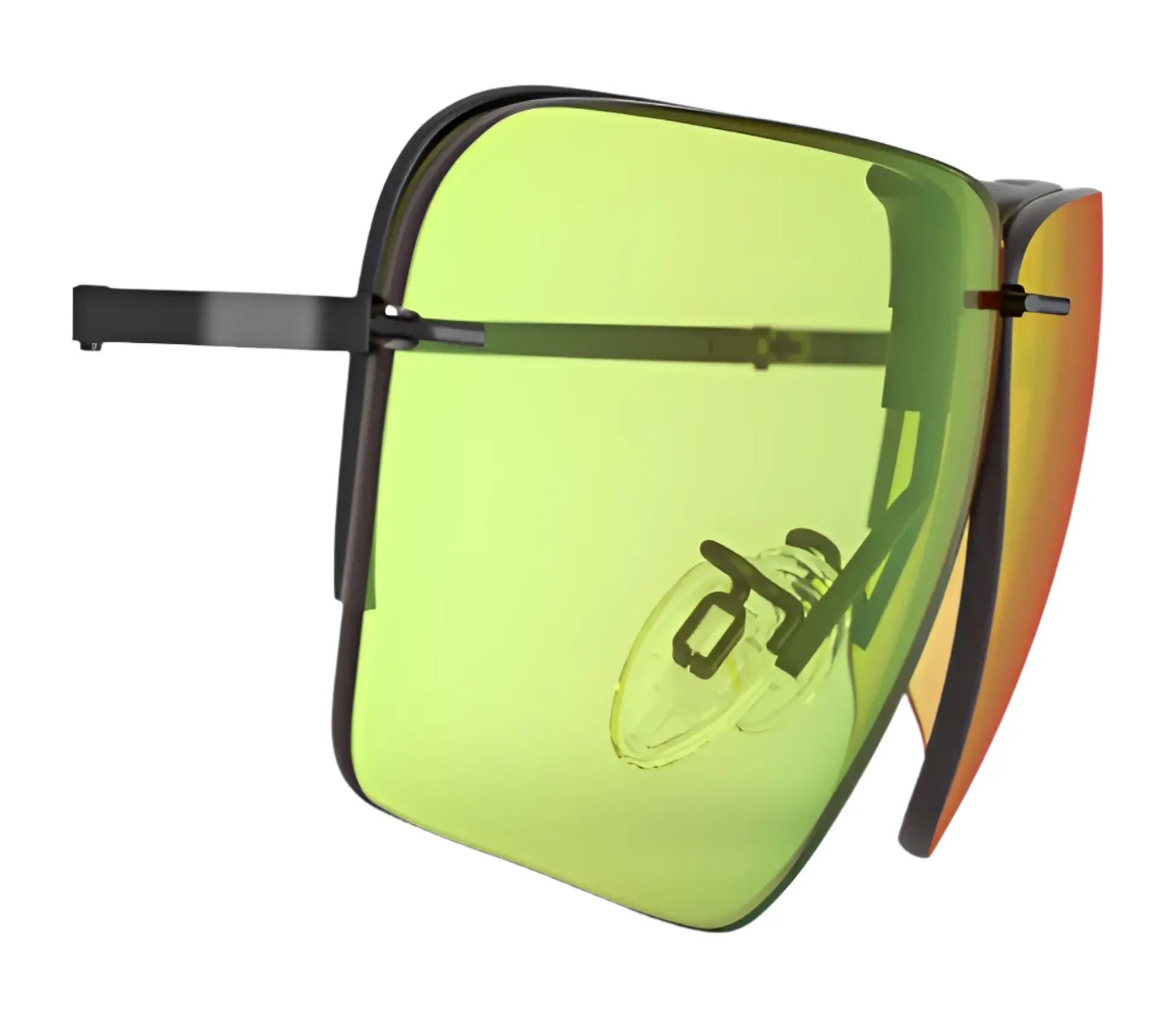 The RE Ranger Edge Lens by RE Ranger features square black frames with green-yellow gradient lenses and side shield panels, enhanced by advanced Claysight Lens Technology, shown from an angled view. The RE Ranger Edge Lens by RE Ranger features square black frames with green-yellow gradient lenses and side shield panels, enhanced by advanced Claysight Lens Technology, shown from an angled view.