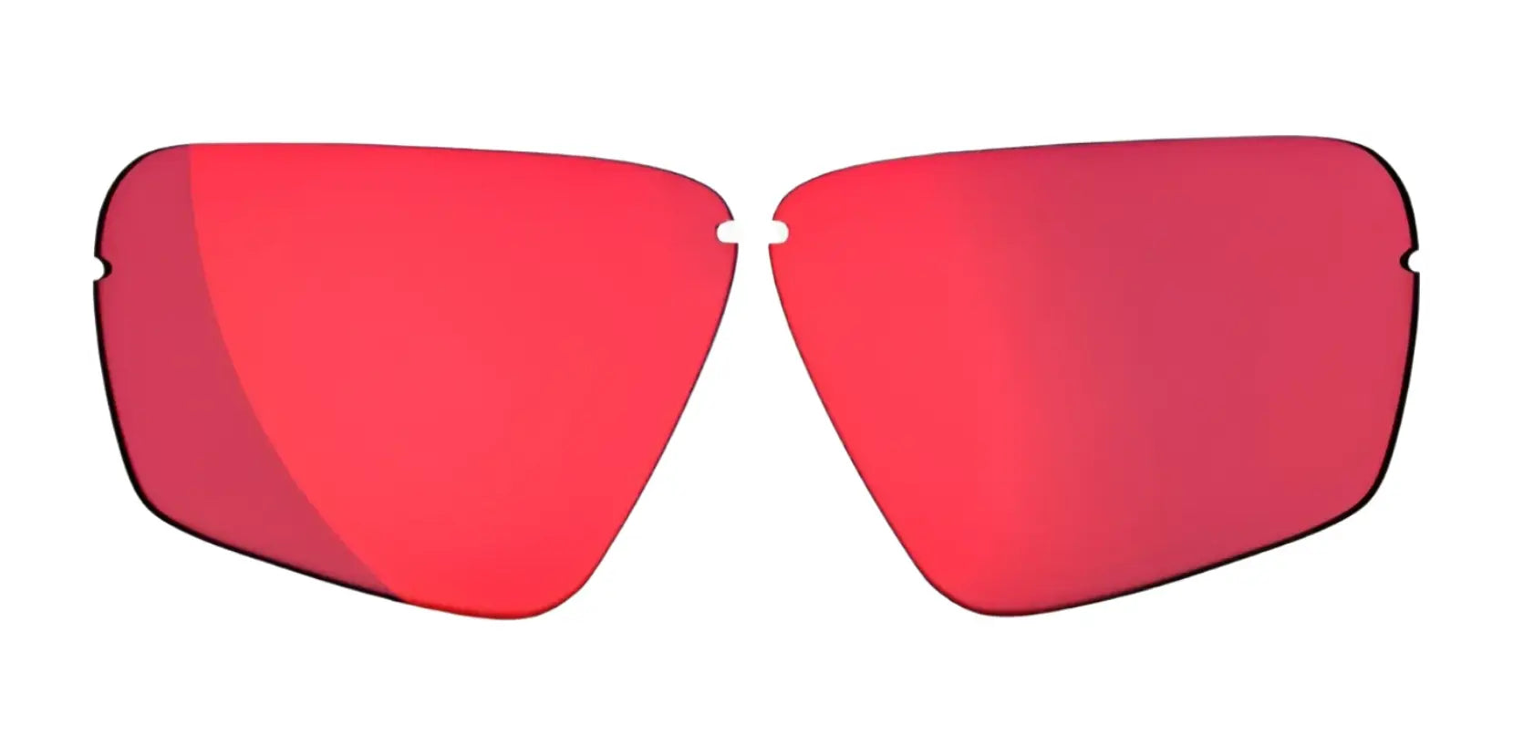 A pair of RE Ranger Edge Lens red-tinted, frameless sunglass lenses featuring Claysight Lens Technology by RE Ranger, isolated on a white background. A pair of RE Ranger Edge Lens red-tinted, frameless sunglass lenses featuring Claysight Lens Technology by RE Ranger, isolated on a white background.