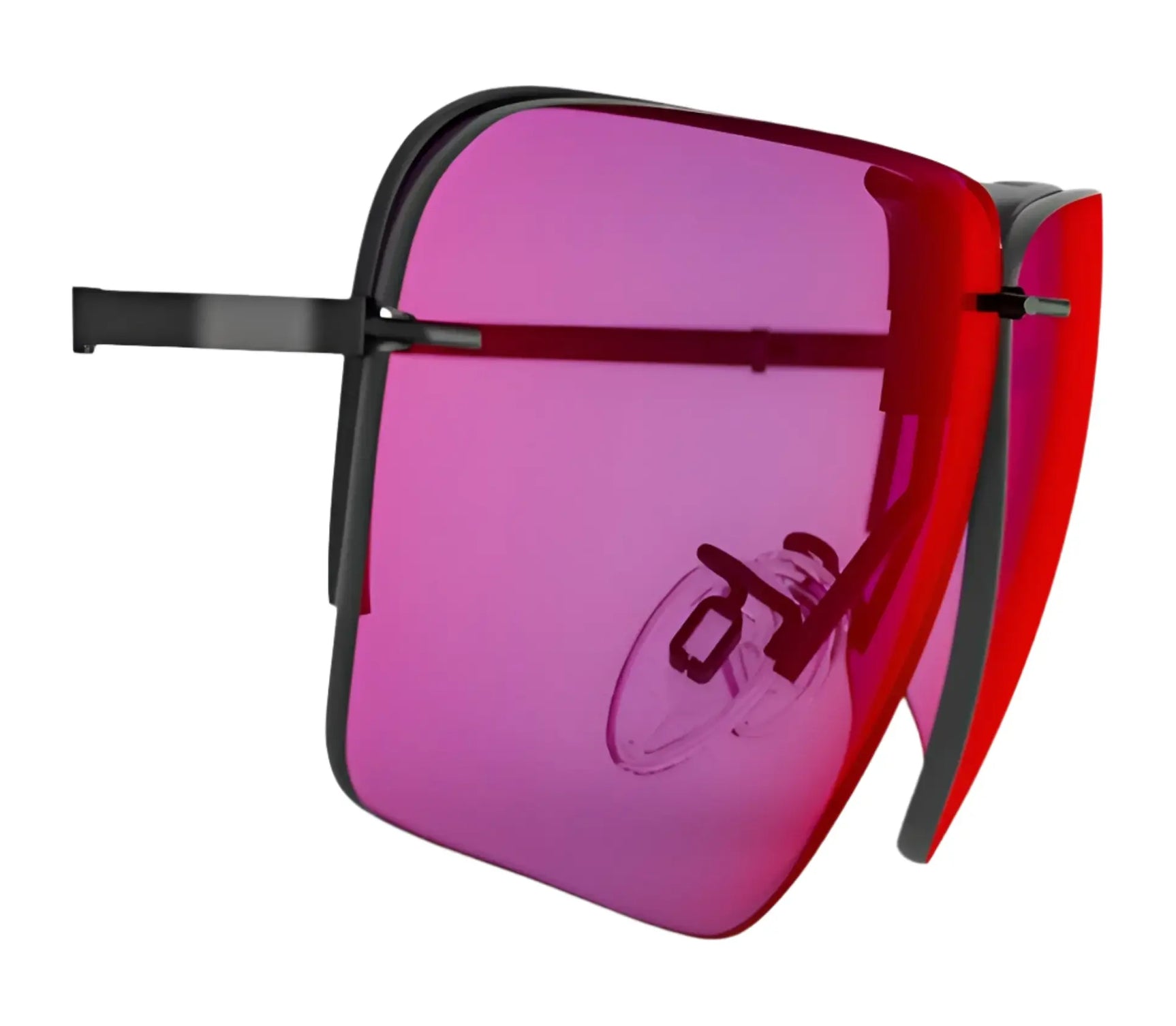 Oversized RE Ranger Edge Lens sunglasses by RE Ranger, featuring square Claysight lenses with a pink tint and sleek black frames, displayed on a white background. Oversized RE Ranger Edge Lens sunglasses by RE Ranger, featuring square Claysight lenses with a pink tint and sleek black frames, displayed on a white background.