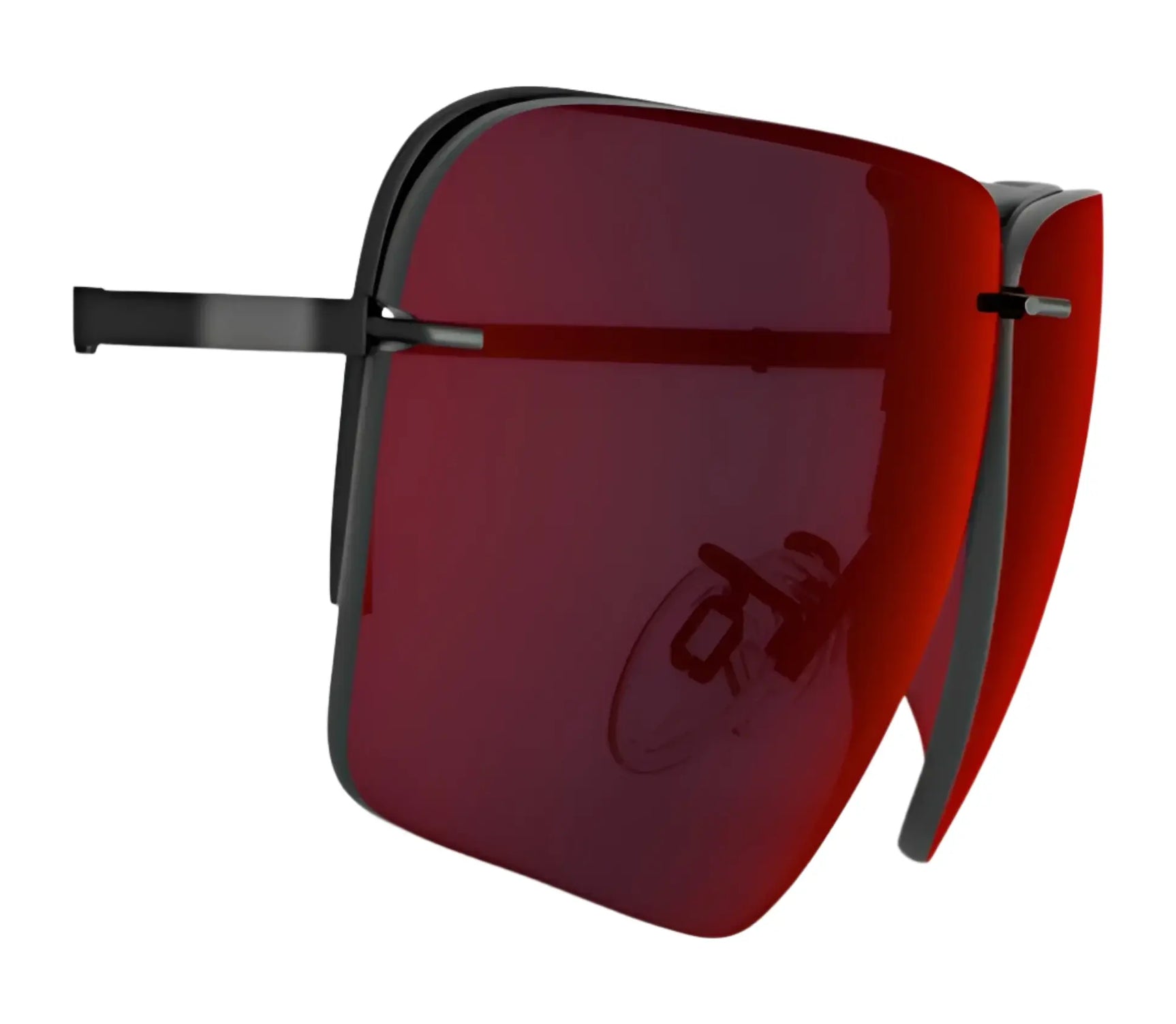 RE Ranger Edge Lens by RE Ranger, featuring oversized rimless lenses in large red for shooting and thin black arms, viewed from an angle. RE Ranger Edge Lens by RE Ranger, featuring oversized rimless lenses in large red for shooting and thin black arms, viewed from an angle.
