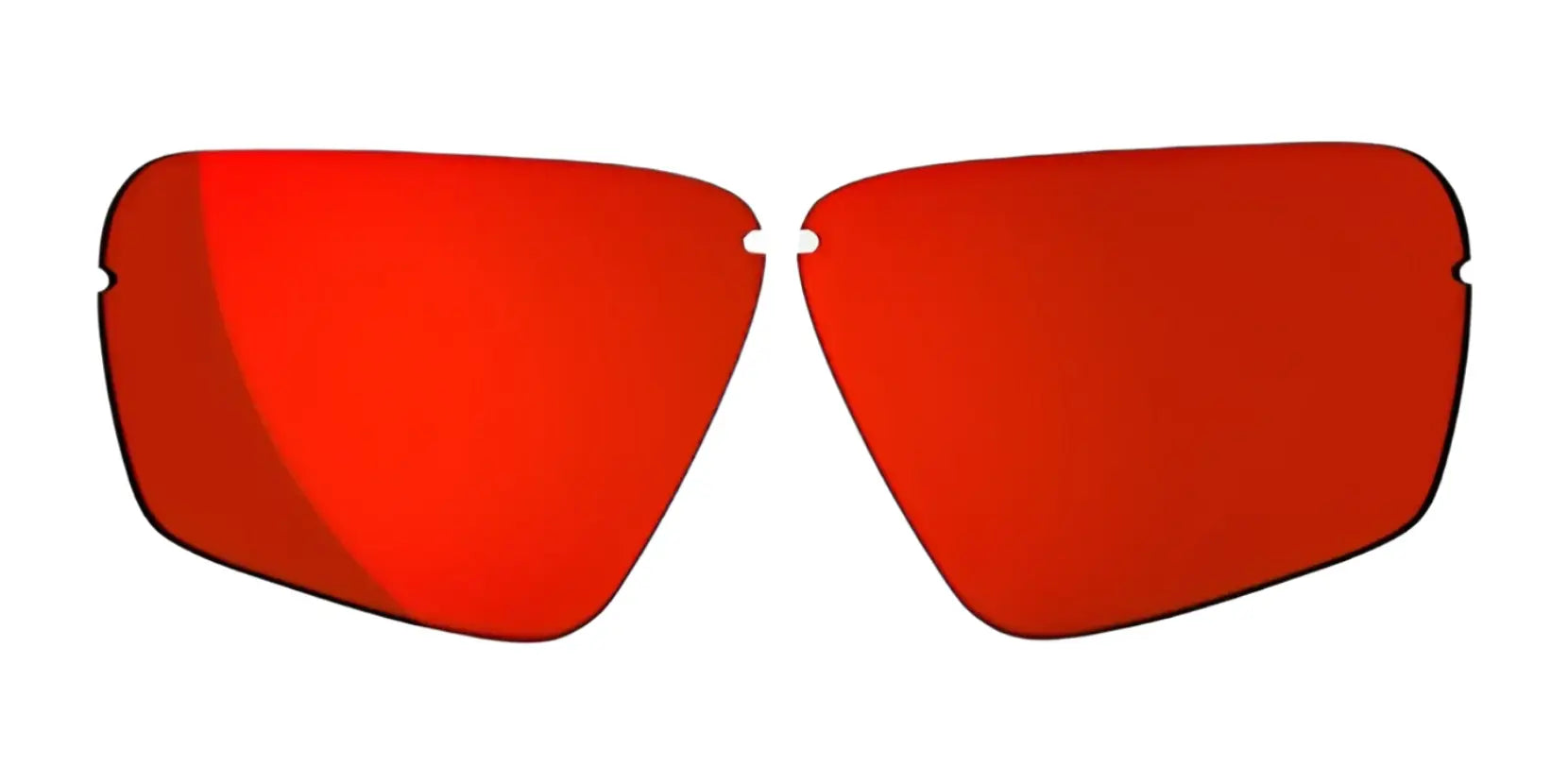 Two RE Ranger Edge red-tinted sunglass lenses from RE Ranger, featuring Claysight Lens Technology, displayed side by side on a white background. Two RE Ranger Edge red-tinted sunglass lenses from RE Ranger, featuring Claysight Lens Technology, displayed side by side on a white background.