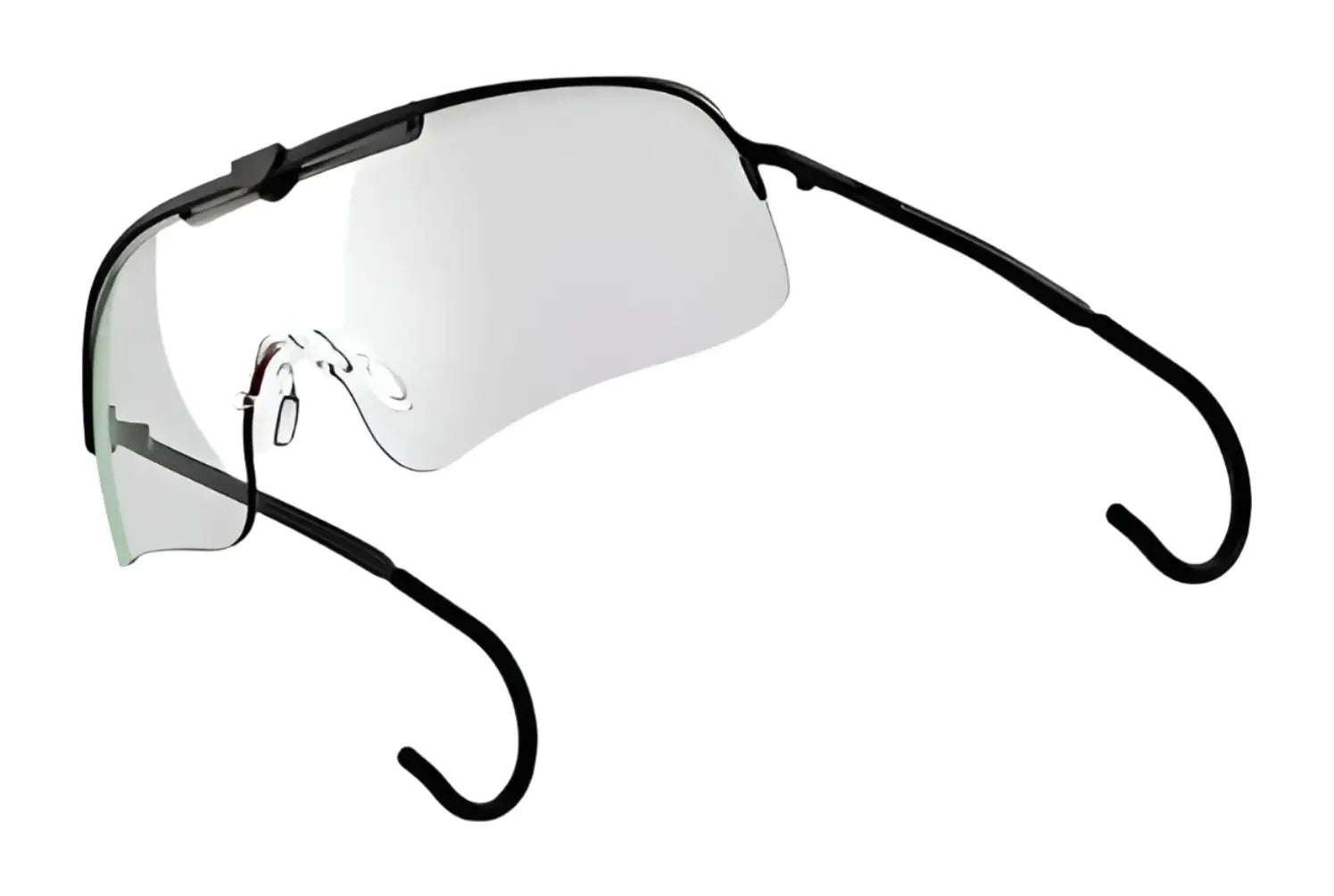 The RE Ranger Falcon Pro shooting glasses, by RE Ranger, feature a black-framed, rimless design with curved arms and transparent lenses showcasing an aerodynamic shape, isolated on a white background. The RE Ranger Falcon Pro shooting glasses, by RE Ranger, feature a black-framed, rimless design with curved arms and transparent lenses showcasing an aerodynamic shape, isolated on a white background.